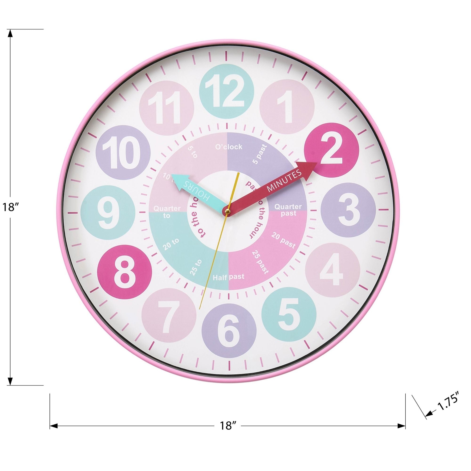 Pink 18-inch diameter wall clock for kids by Monarch Specialties, featuring colorful multi-color design and playful style.