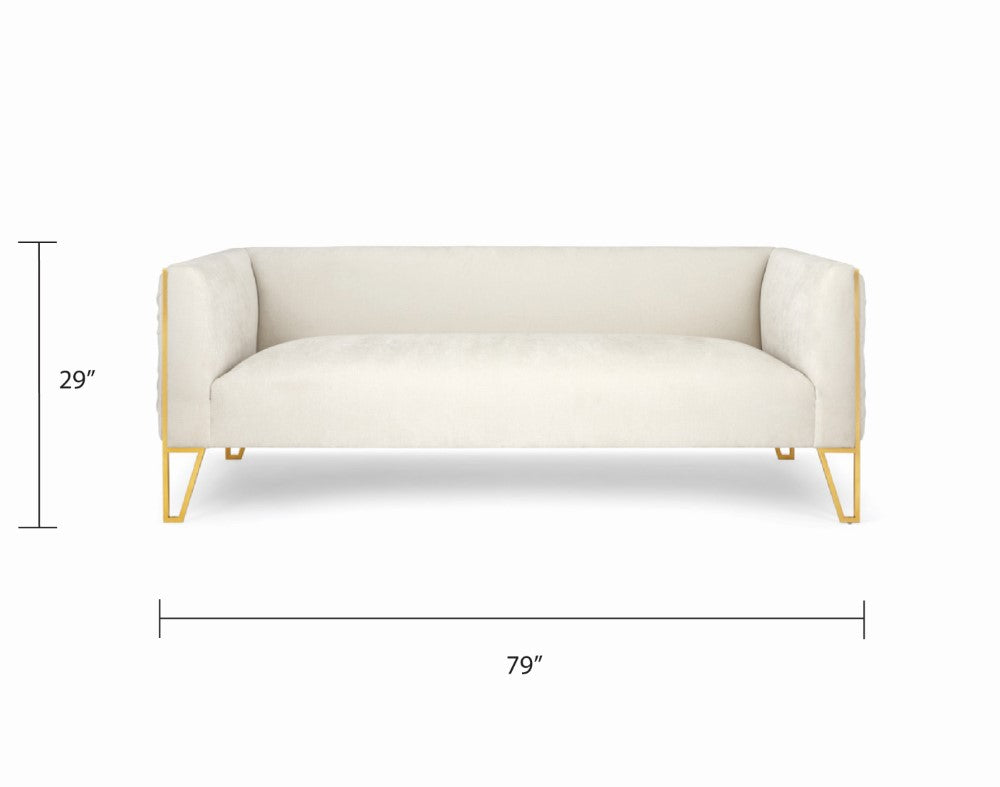 Xcella Truro Sofa in matte gold with plush cushions, front view showcasing elegant design and contemporary style.