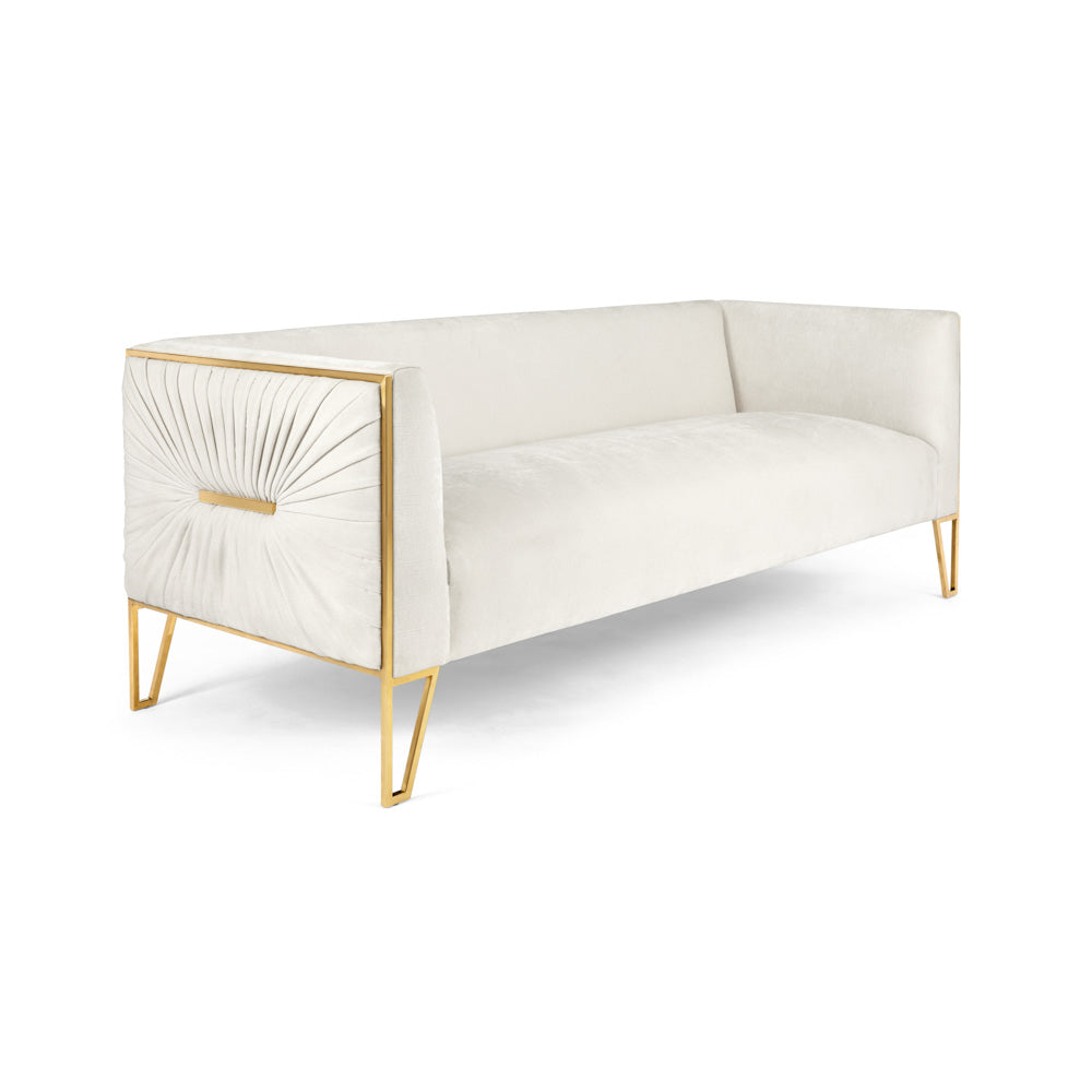Xcella Truro Sofa with matte gold legs and ivory upholstery, showcasing a modern, stylish living room sofa.