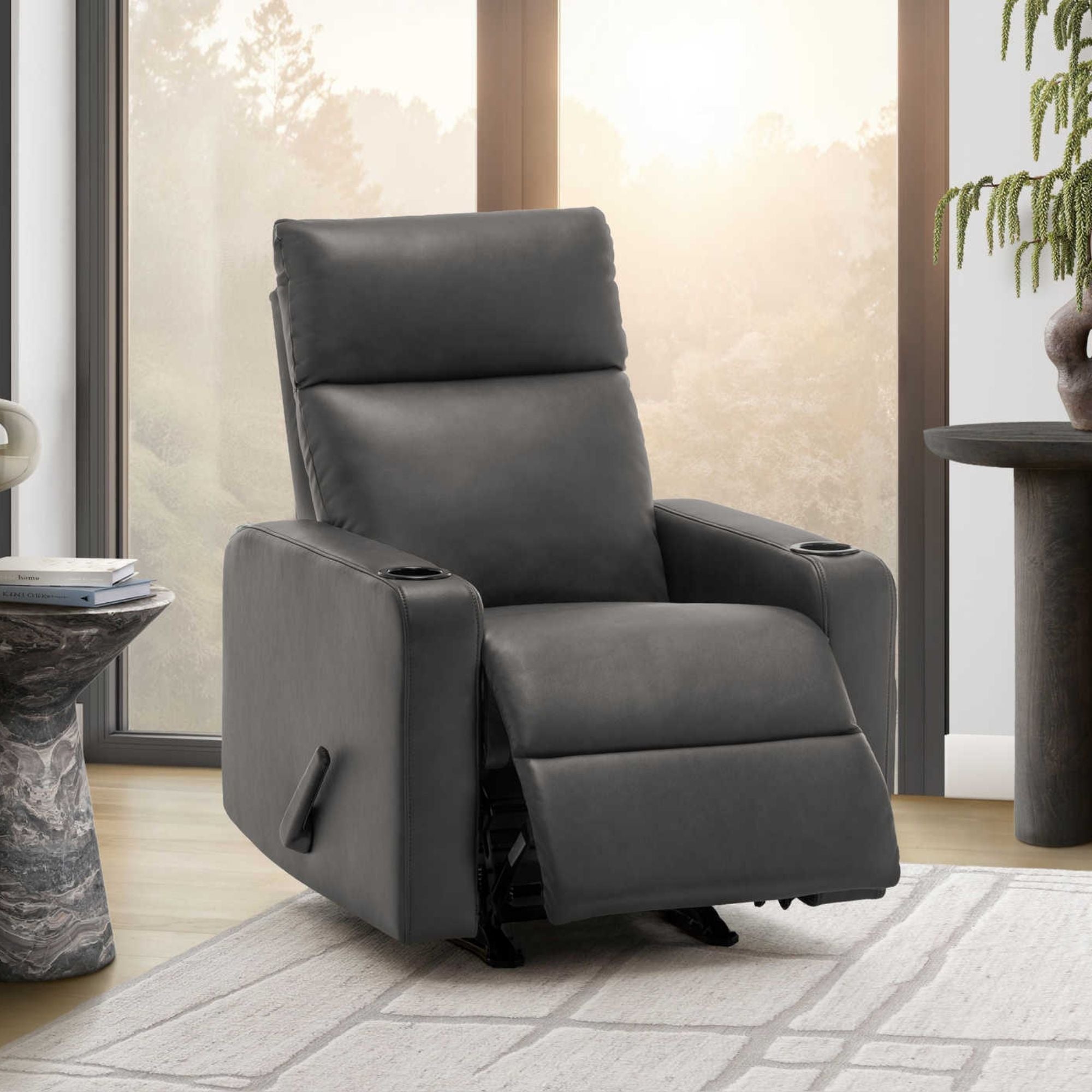 Dark grey Arden rocker reclining chair with built-in cupholders by Monarch Specialties, featuring plush fabric and ergonomic design.