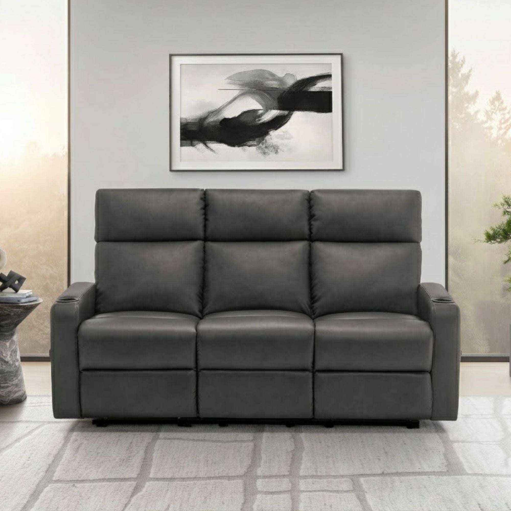 Dark grey Monarch Specialties Arden reclining sofa with built-in cupholders, featuring plush cushions and modern design.