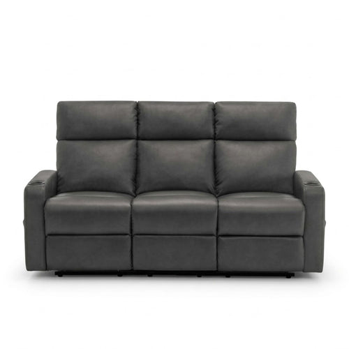 Dark grey Monarch Specialties Arden reclining sofa with built-in cupholders, featuring plush cushions and a comfortable design.