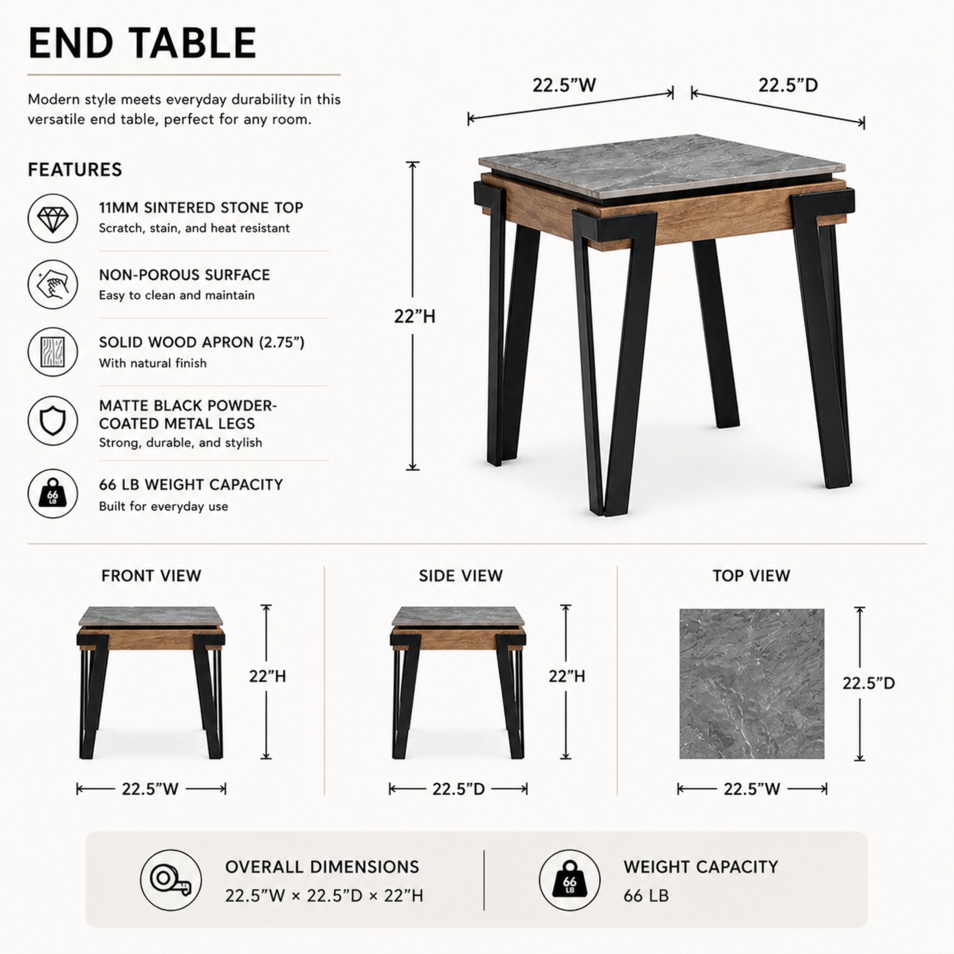 MAZ Dawn Collection end table showing a sleek wooden surface with modern design and sturdy legs, ideal for living room decor.