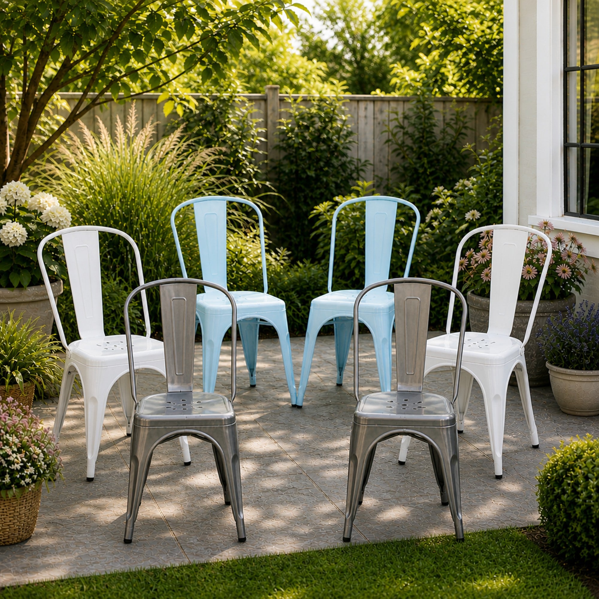 Set of two Rochelle stackable dining chairs by Elite Living in light blue with modern design and wooden legs.