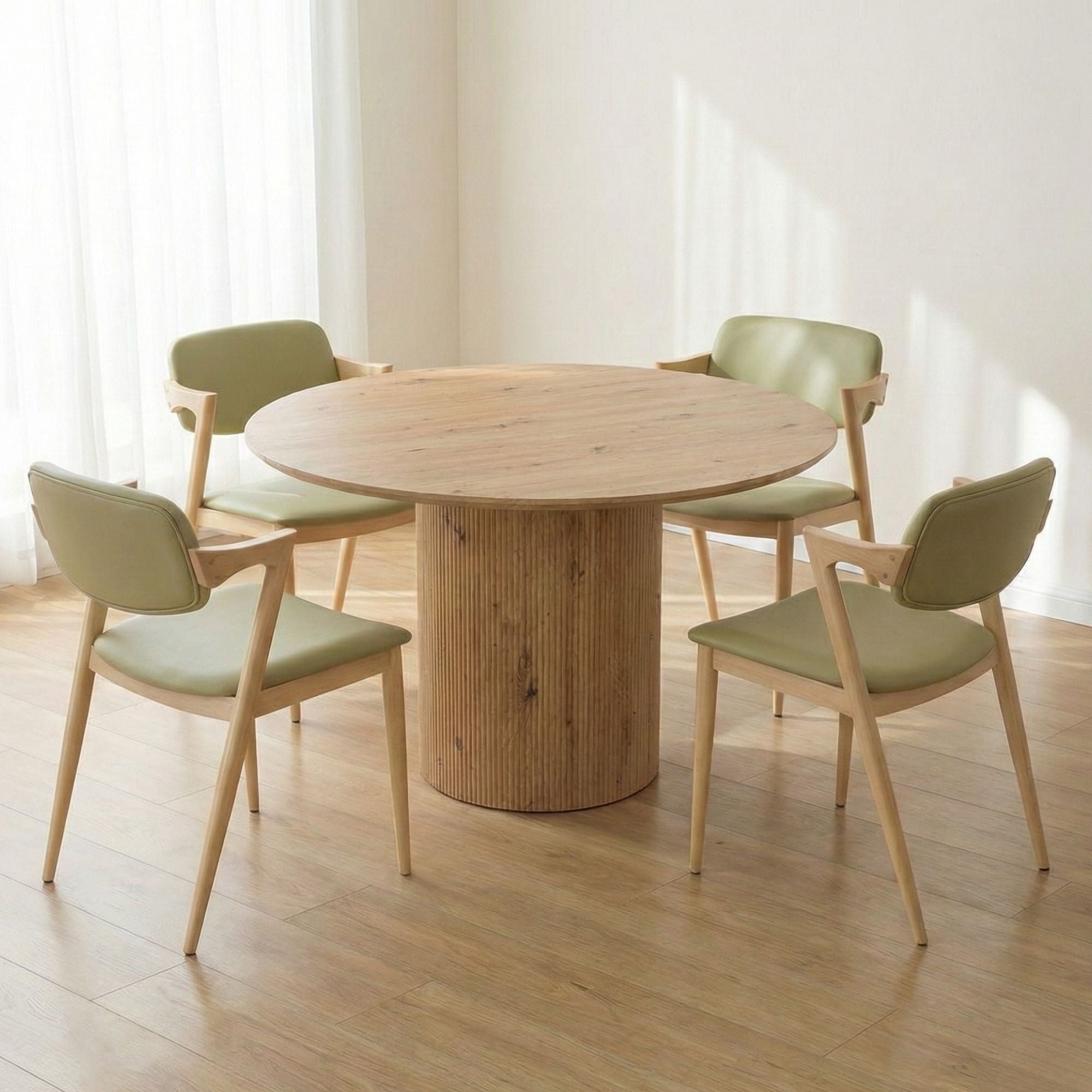Elegant Roman dining table in natural wood with smooth finish, showcased with matching chairs in a modern dining area.