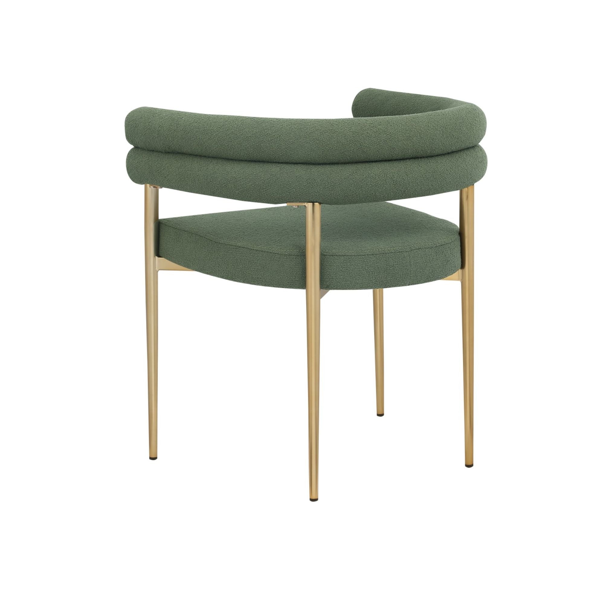 Set of two Brassex Allure dining chairs in green upholstery with gold legs, showcasing a modern, stylish design.