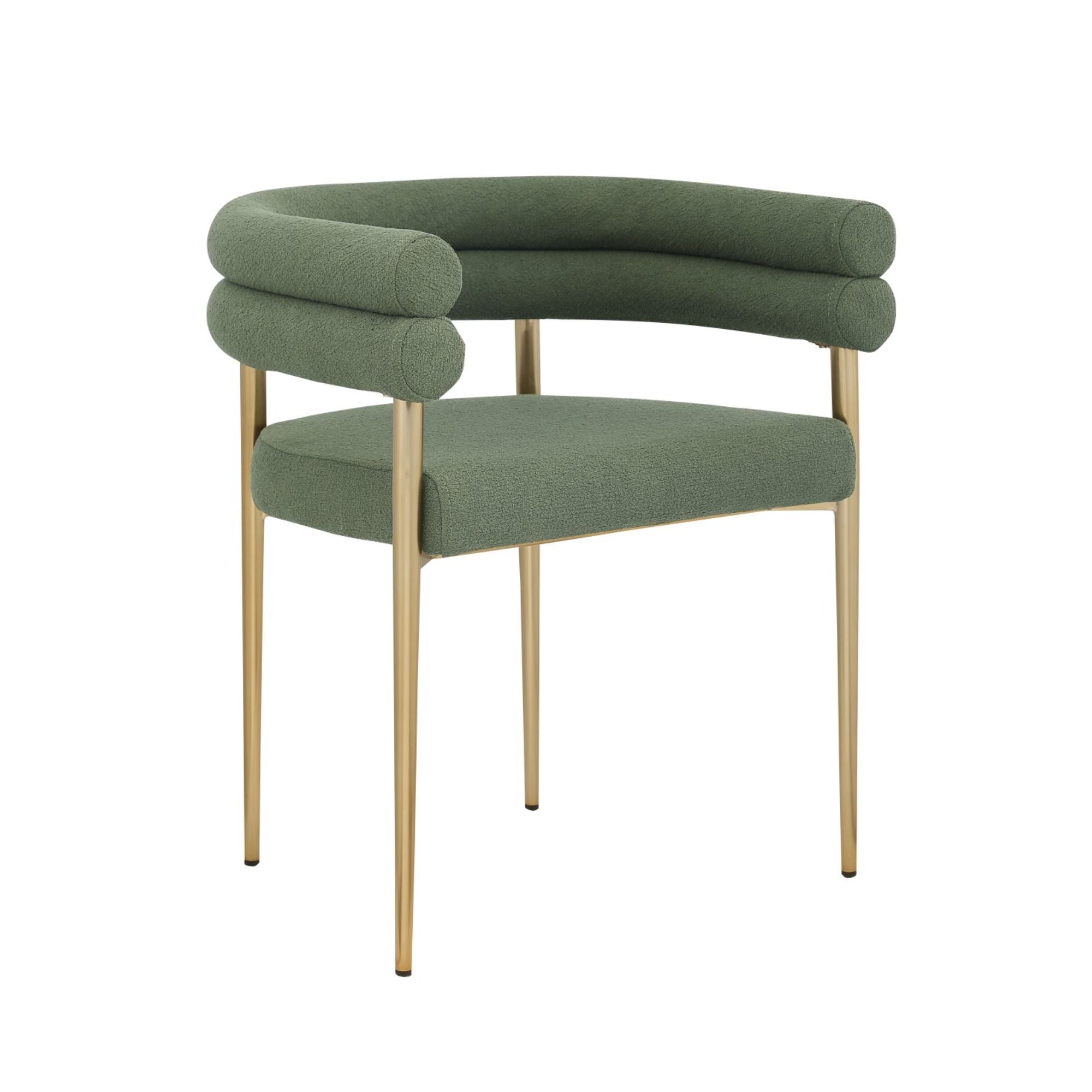 Pair of Brassex Allure dining chairs in green with gold accents, featuring modern design and cushioned seats.