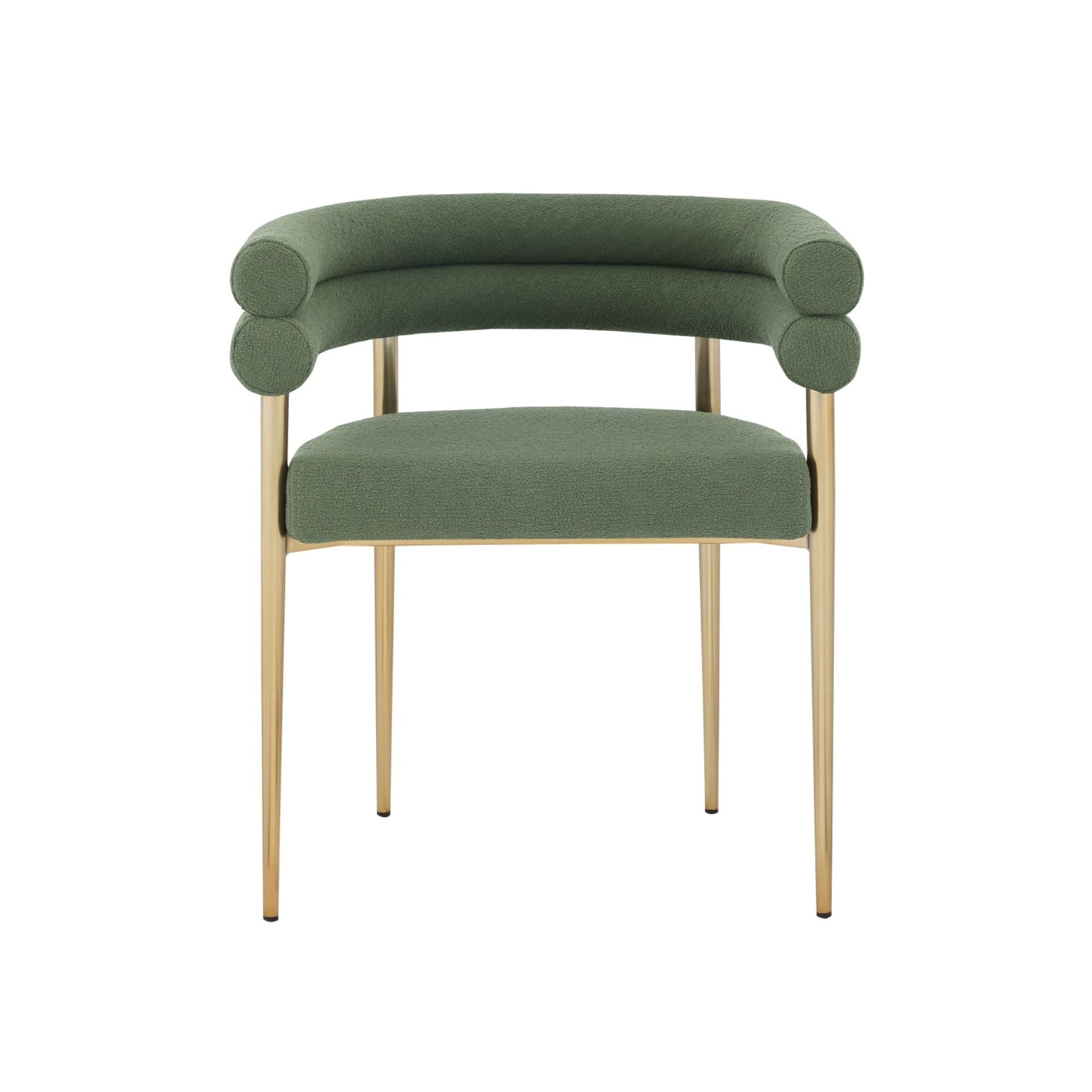 Set of two Brassex Allure dining chairs in green upholstery with gold metal legs, modern and stylish for dining room decor.