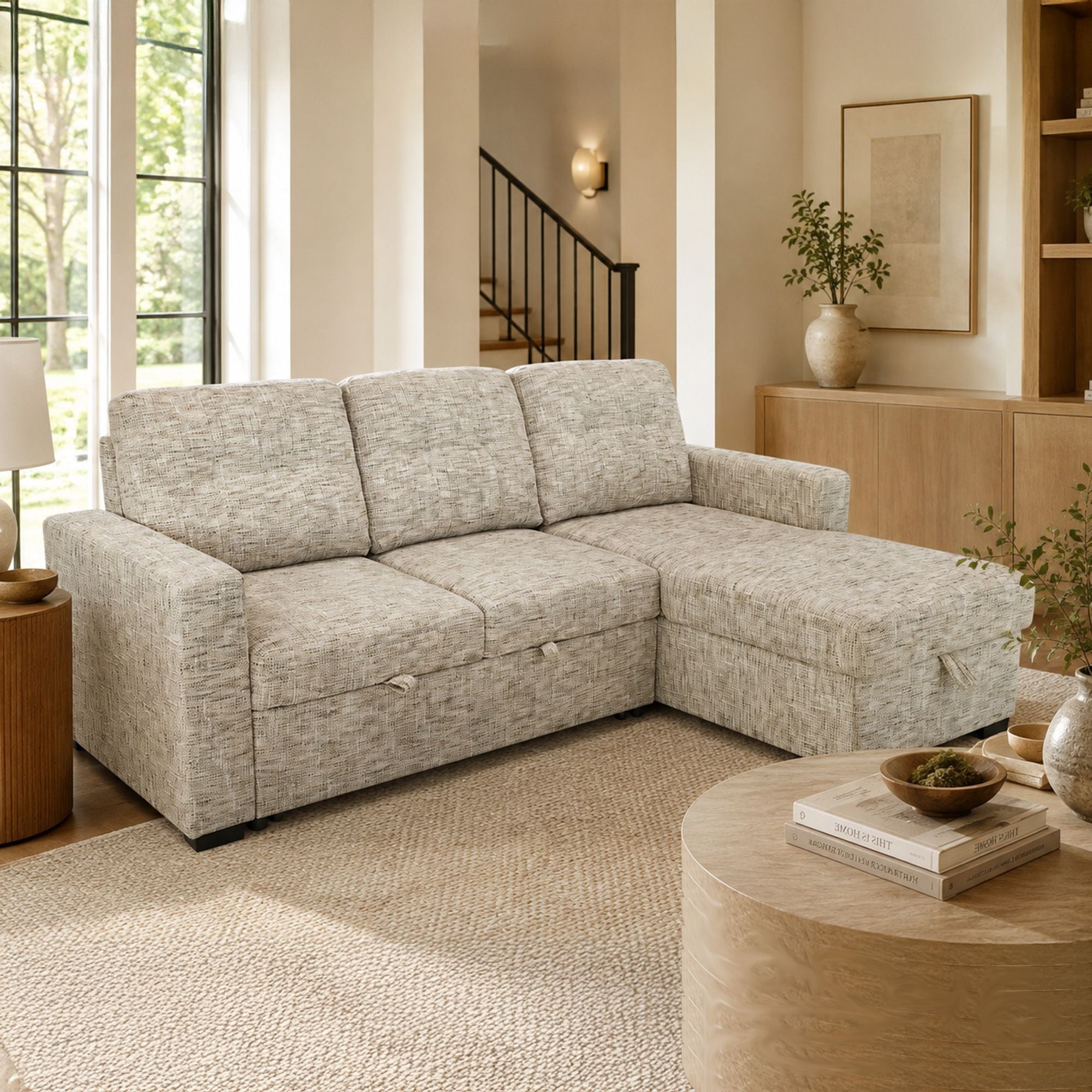 Beige Draga sectional sofa bed with reversible chaise and built-in storage, showcasing a modern, comfortable living room furniture piece.