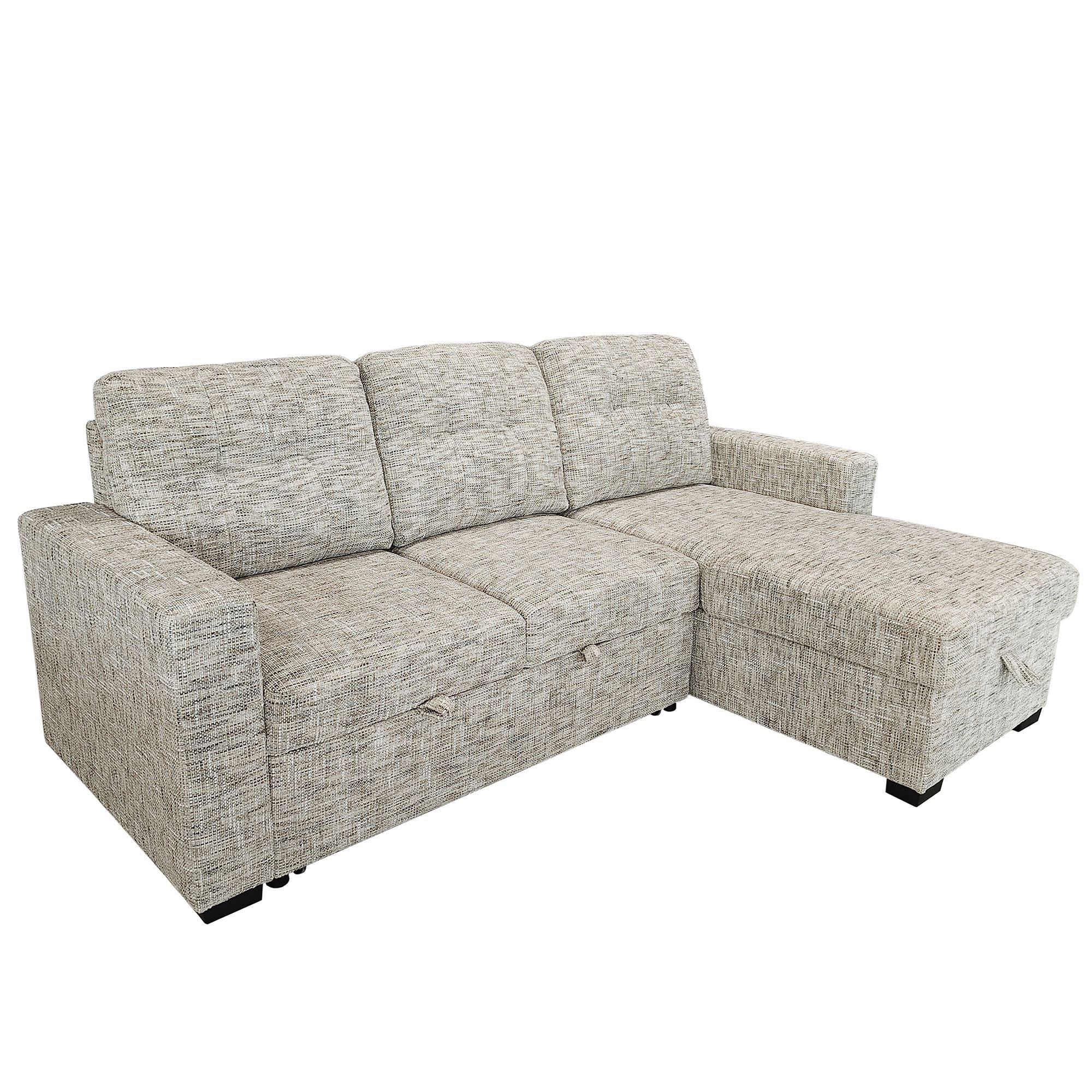 Beige Draga sectional sofa bed with reversible chaise and built-in storage, showcasing a modern and versatile living room piece.