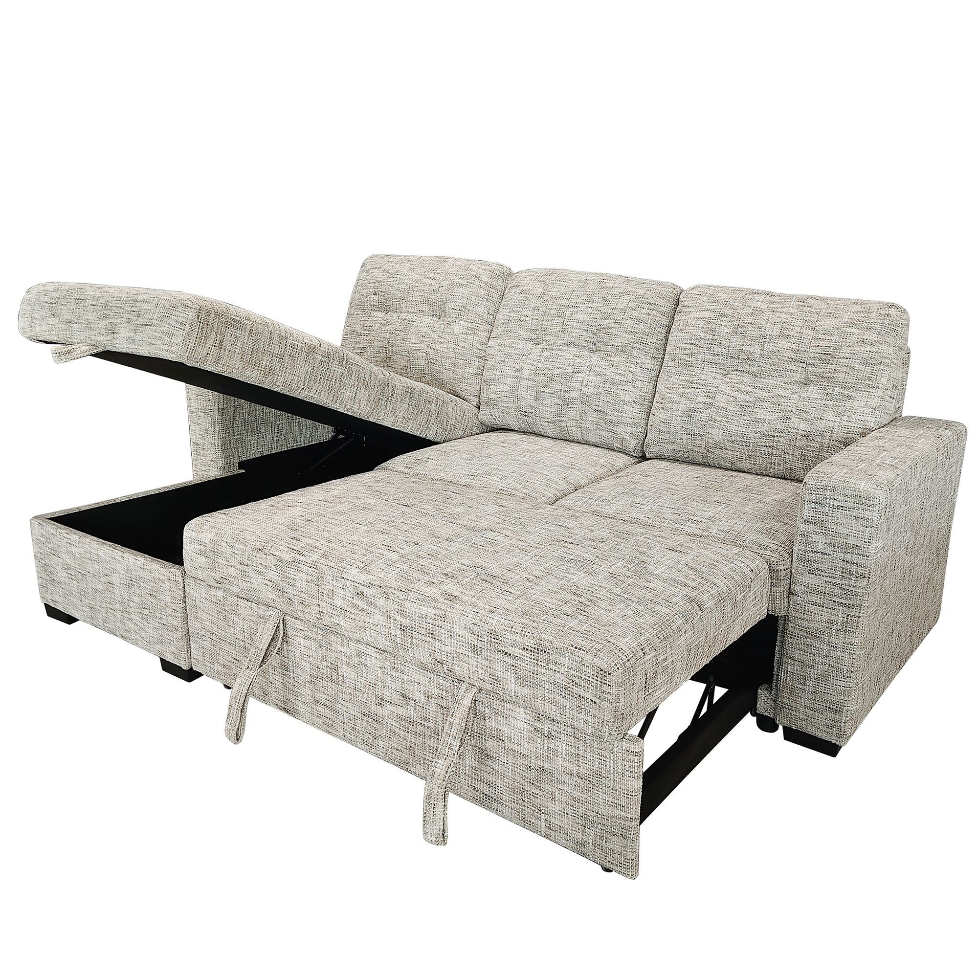 Beige Draga sectional sofa bed with reversible chaise and built-in storage, showcasing a modern, versatile sofa bed by World Wide.