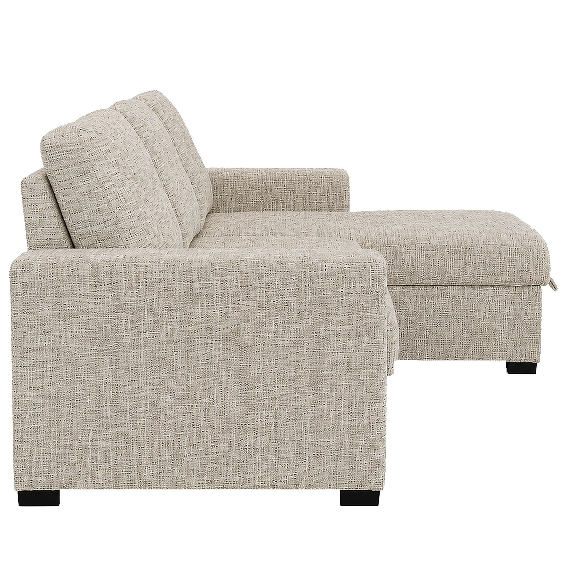 Beige Draga sectional sofa bed with reversible chaise and built-in storage, showcasing its modern design and functionality.