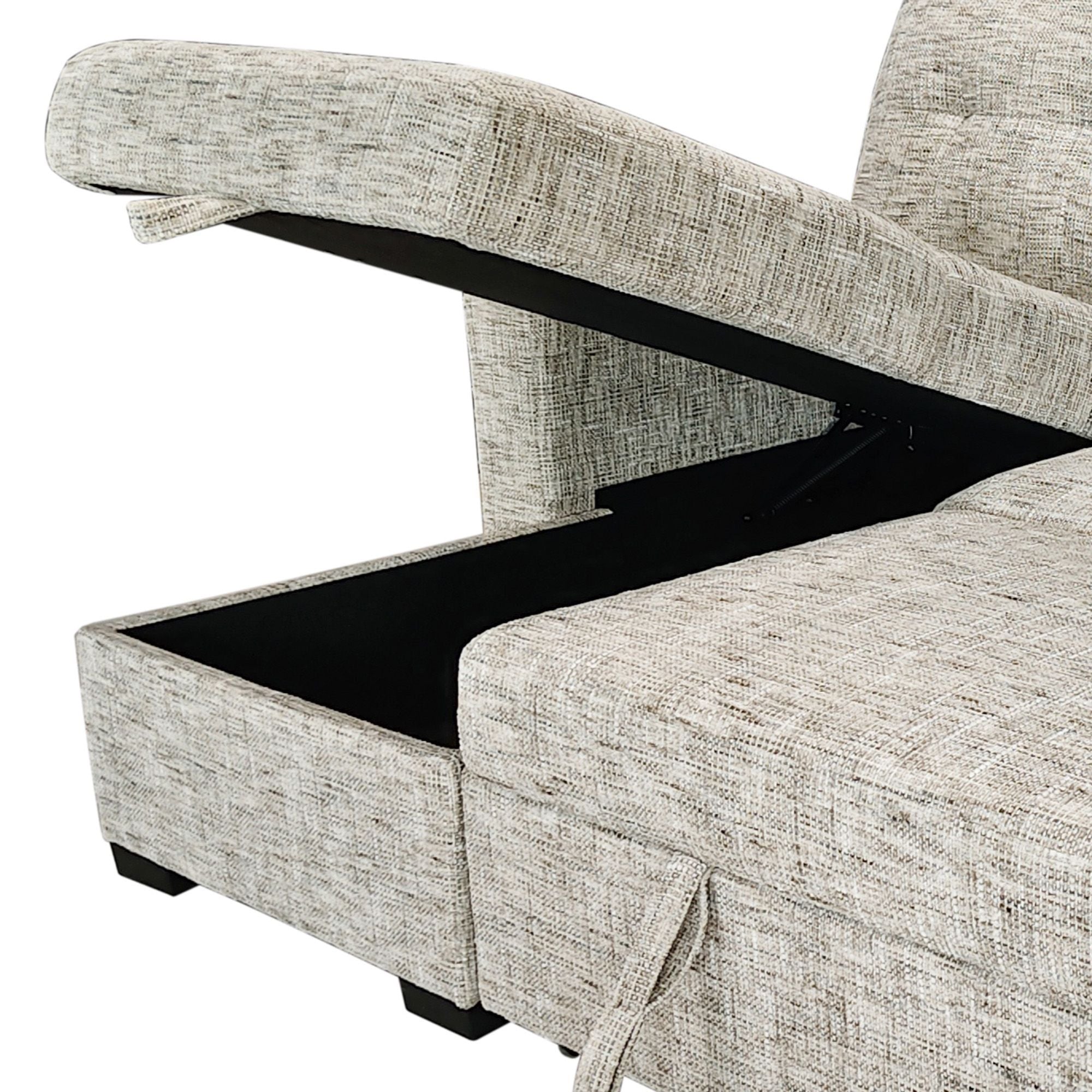 Beige Draga sectional sofa bed with reversible chaise and built-in storage, featuring plush cushions and modern design.
