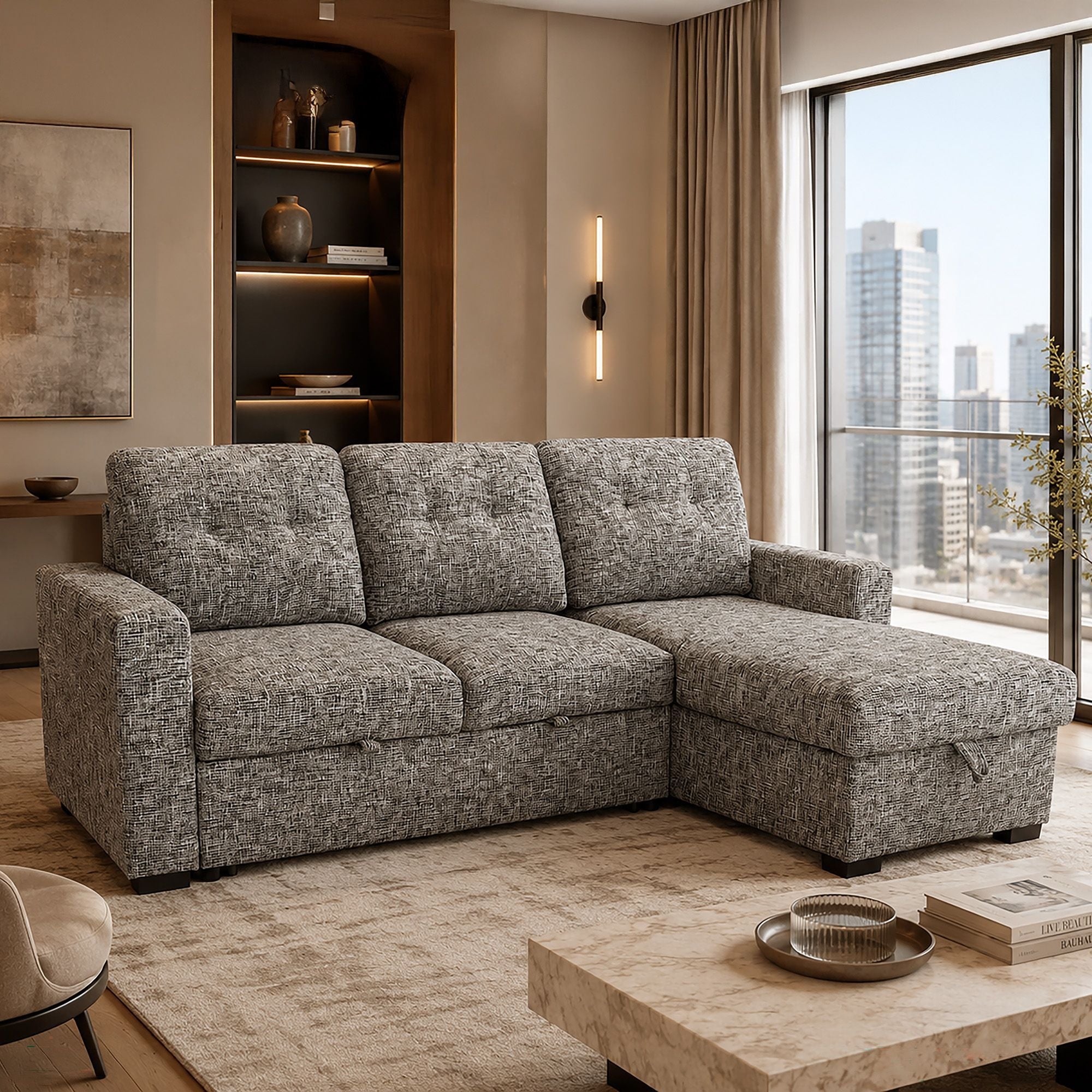 Warm grey Draga sectional sofa bed with reversible chaise and built-in storage, showcasing its modern design and comfort.