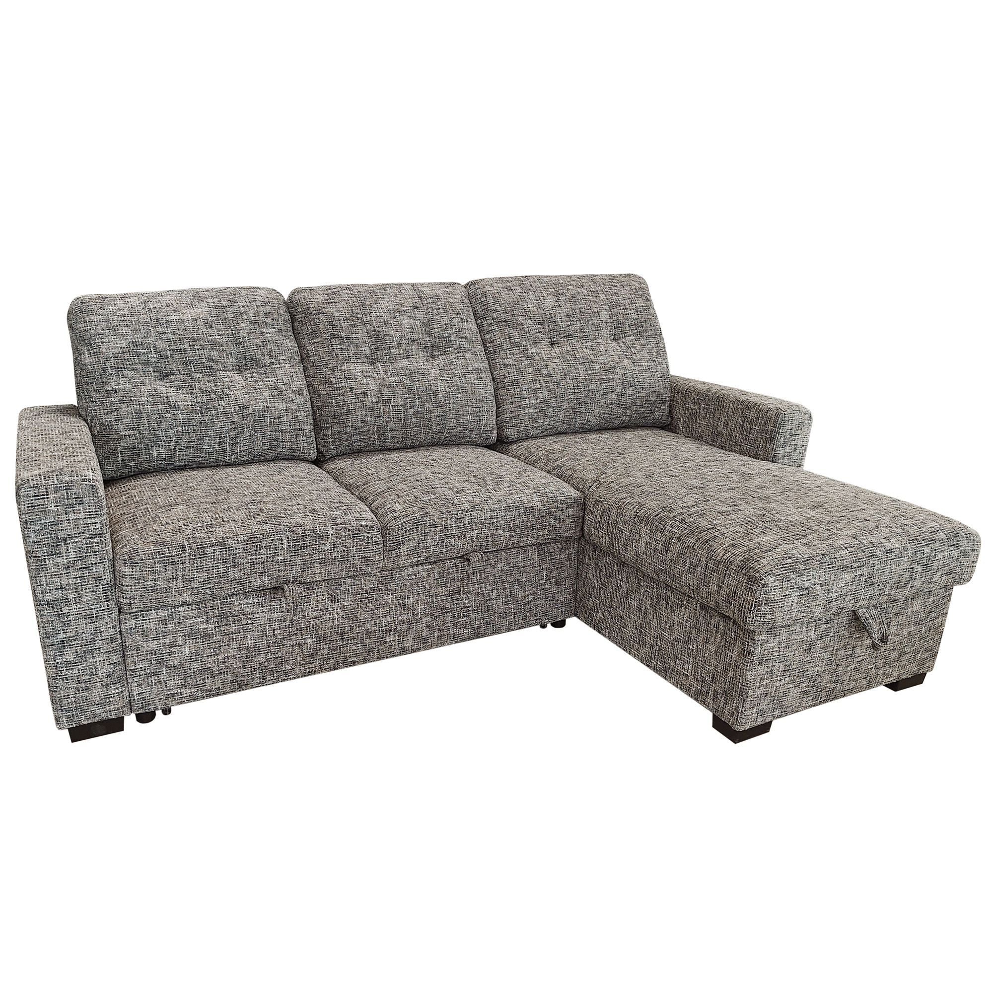 Warm grey Draga sectional sofa bed with reversible chaise and built-in storage by World Wide, shown in a cozy living room setting.