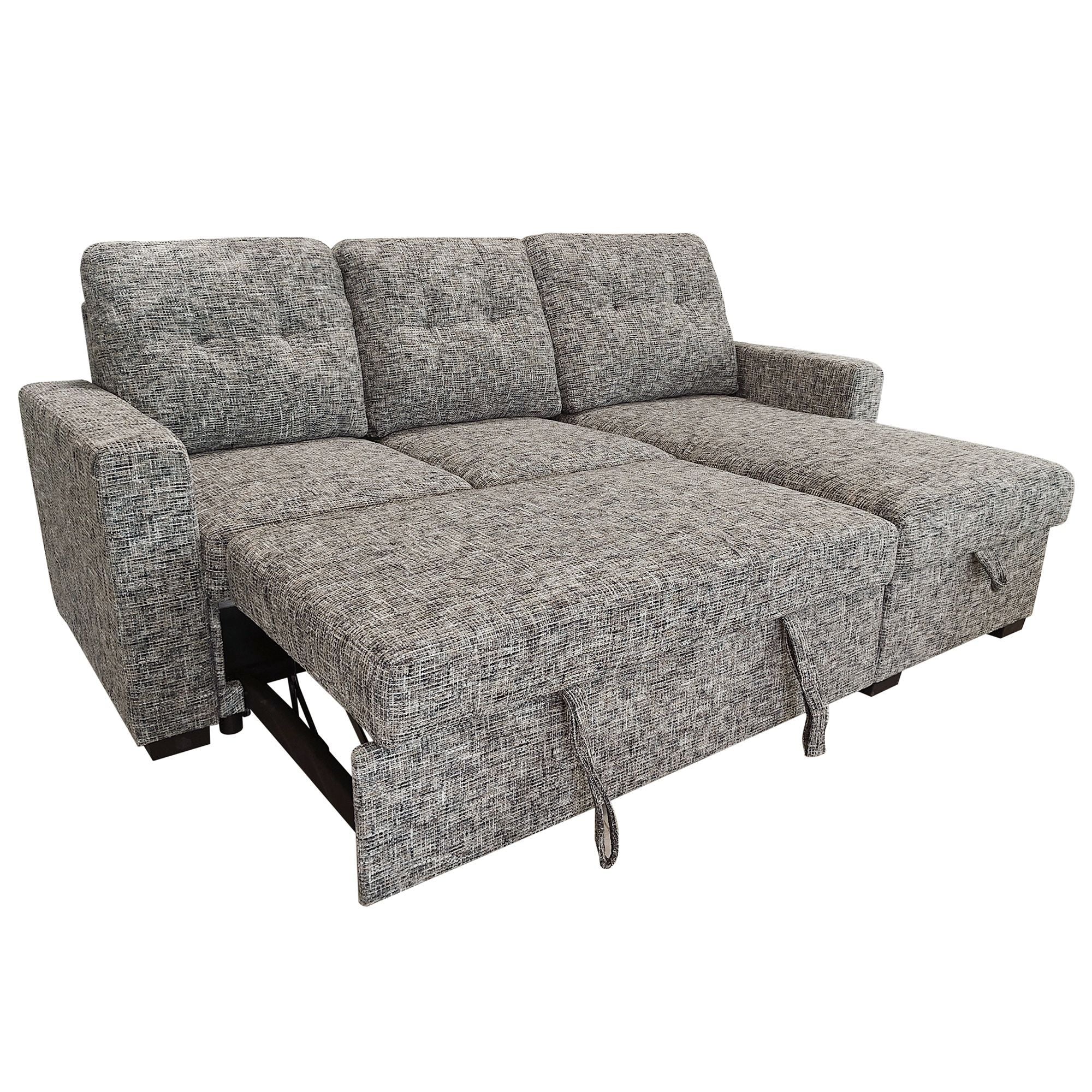 Warm grey Draga sectional sofa bed with reversible chaise and built-in storage, showcasing a modern, spacious sofa bed by World Wide.
