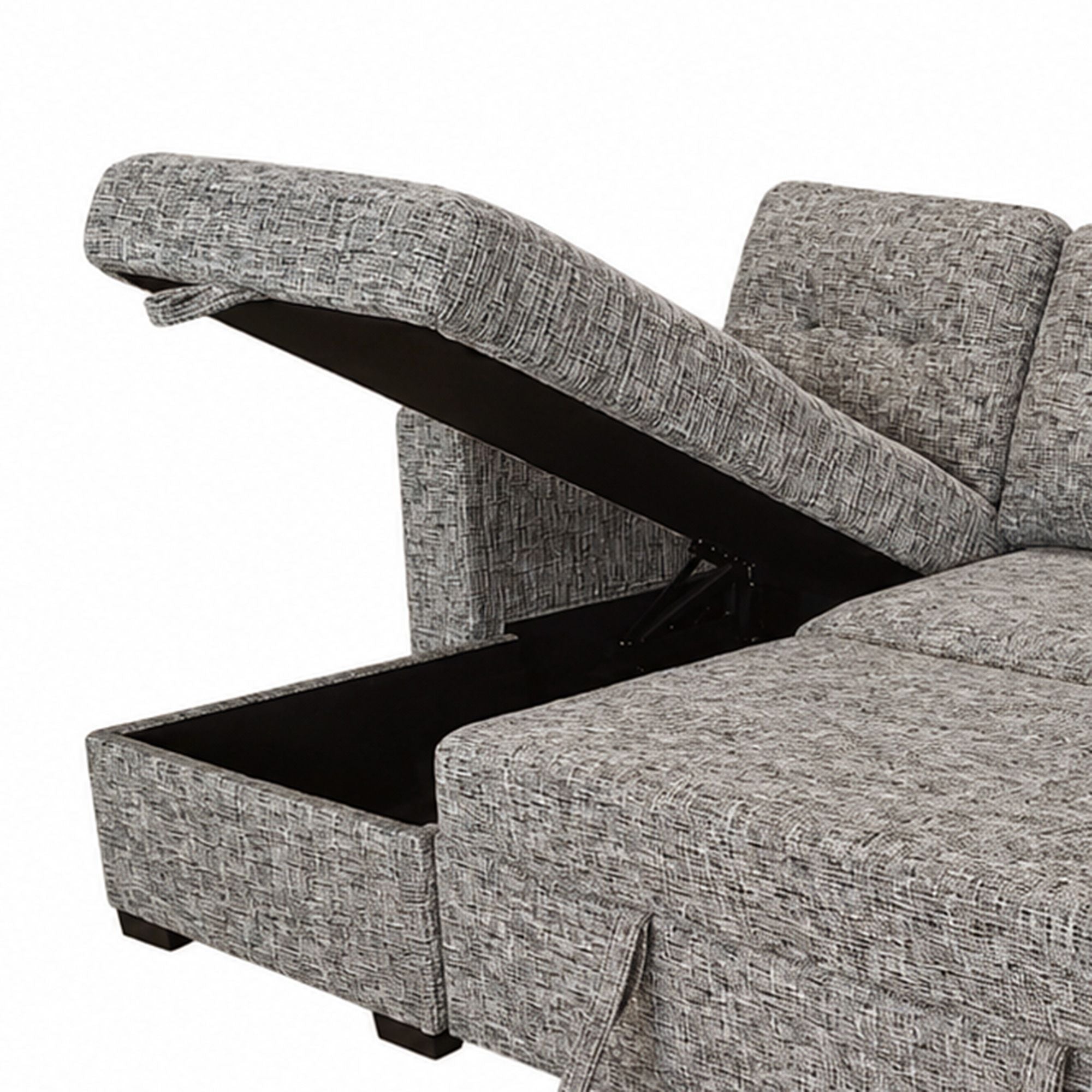Warm grey Draga sectional sofa bed with reversible chaise and built-in storage, showcasing a modern, comfortable design.