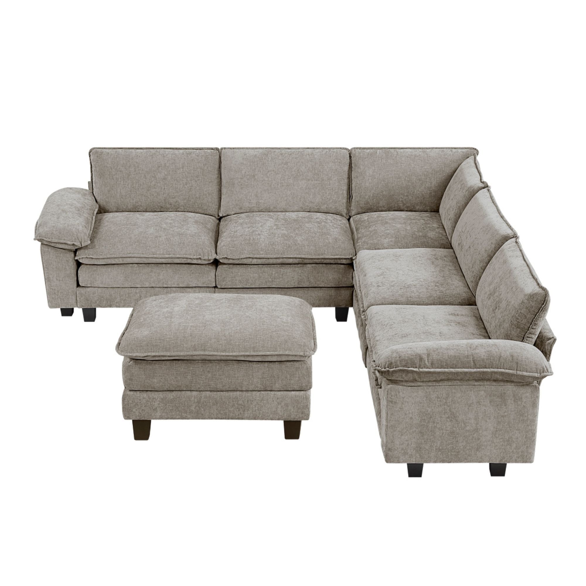 Grey MAZ Dublin Collection 6-piece modular sectional sofa with matching ottoman, showcasing modern design and plush cushions.