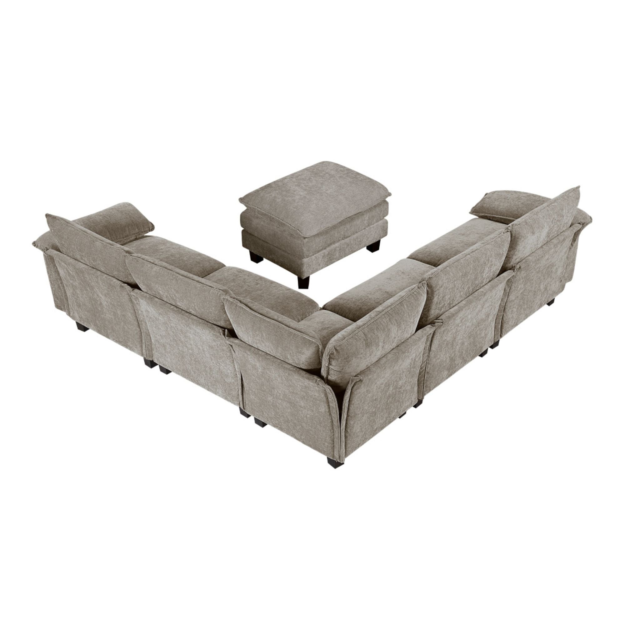 Grey MAZ Dublin Collection 6-piece modular sectional sofa with ottoman, featuring plush cushions and modern design.