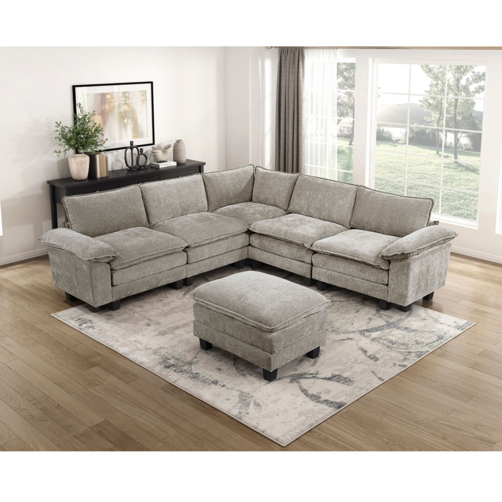 Grey MAZ Dublin Collection 6-piece modular sectional sofa with matching ottoman, featuring plush cushions and modern design.