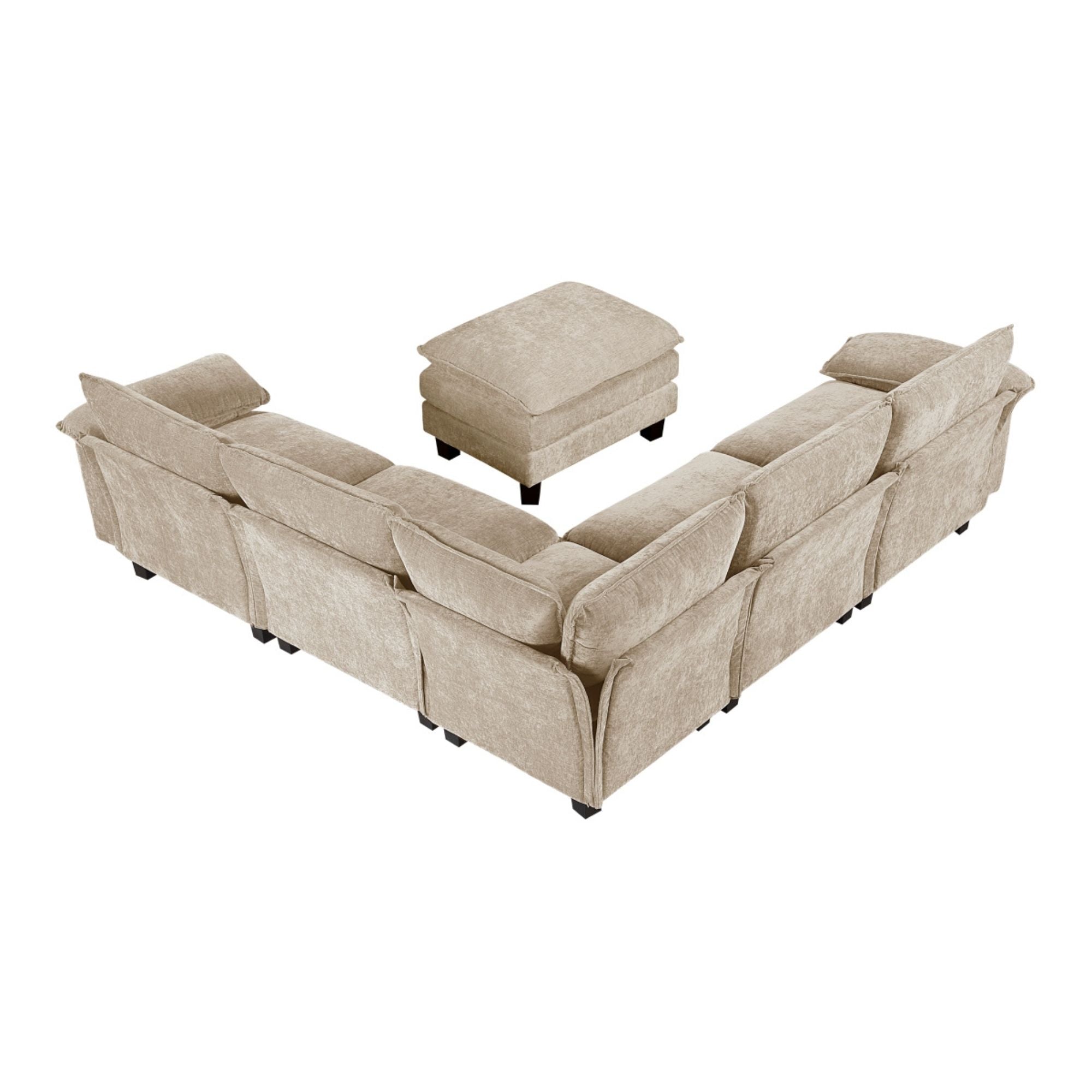 MAZ Dublin Collection 6-piece modular sectional sofa with ottoman in taupe, showing plush cushions and modern design.