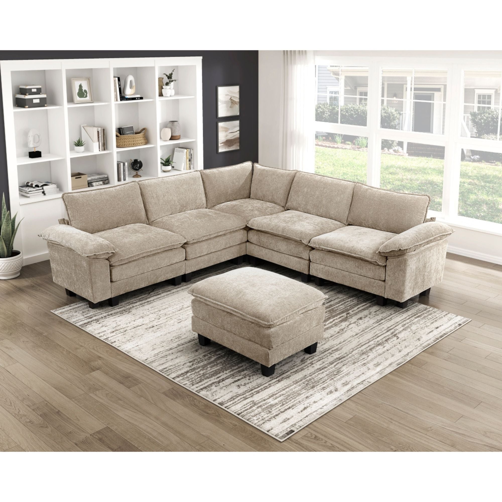 MAZ Dublin Collection 6-piece modular sectional sofa with ottoman in taupe, featuring plush cushions and modern design.