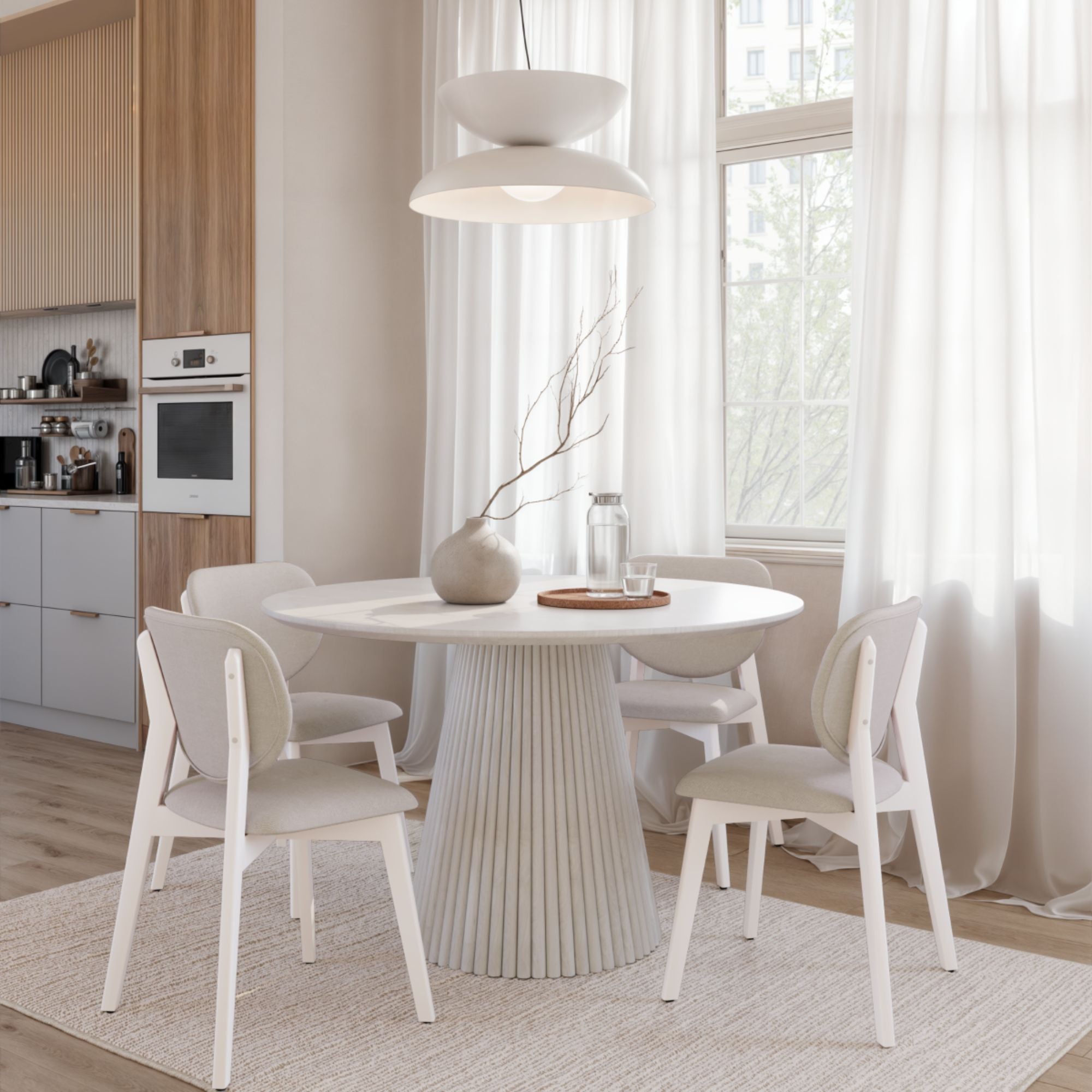 Set of two Brassex Durana dining chairs with wooden legs and upholstered seats, shown from a side angle.
