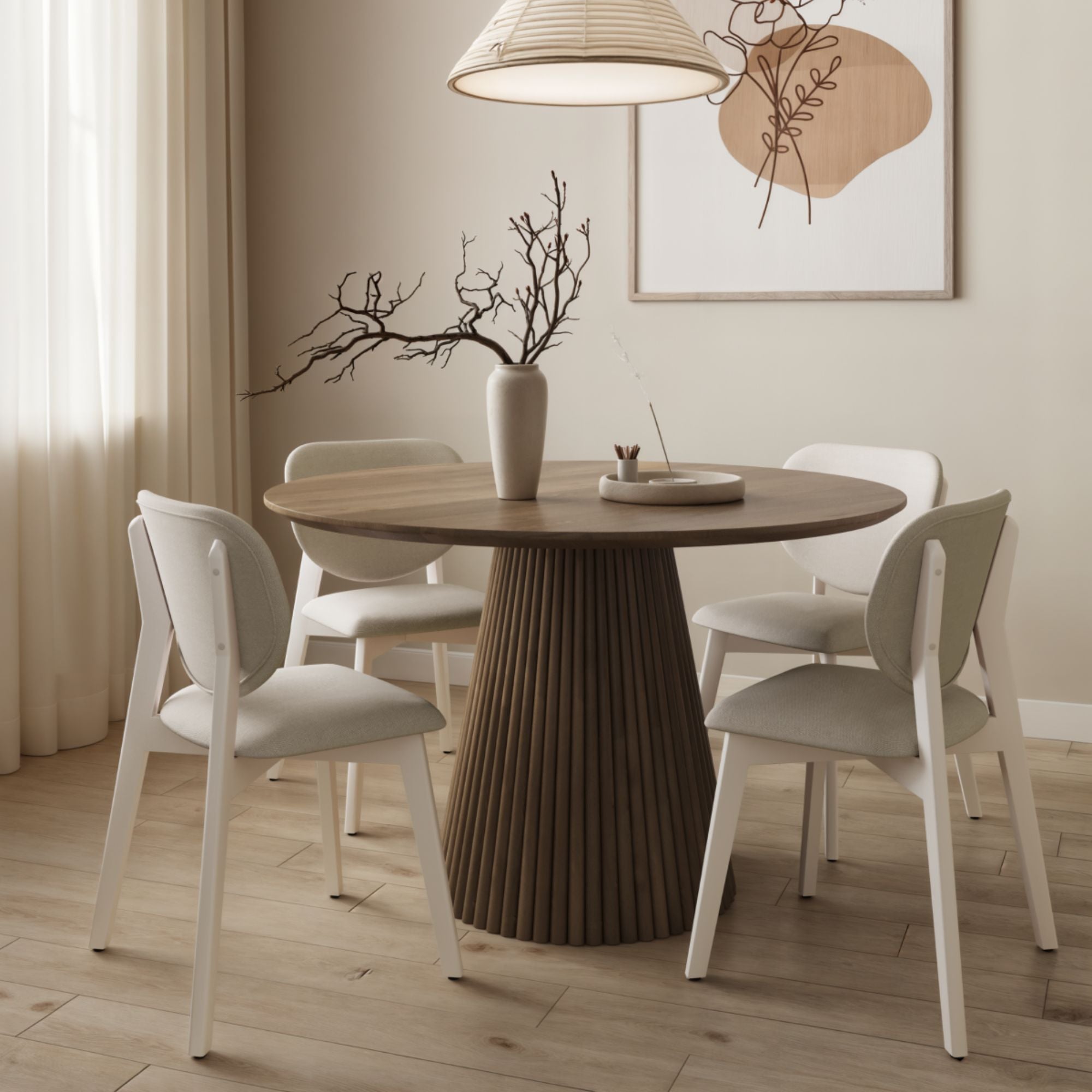 Set of two Brassex Durana dining chairs with sleek wooden legs and upholstered seats, perfect for modern dining rooms.