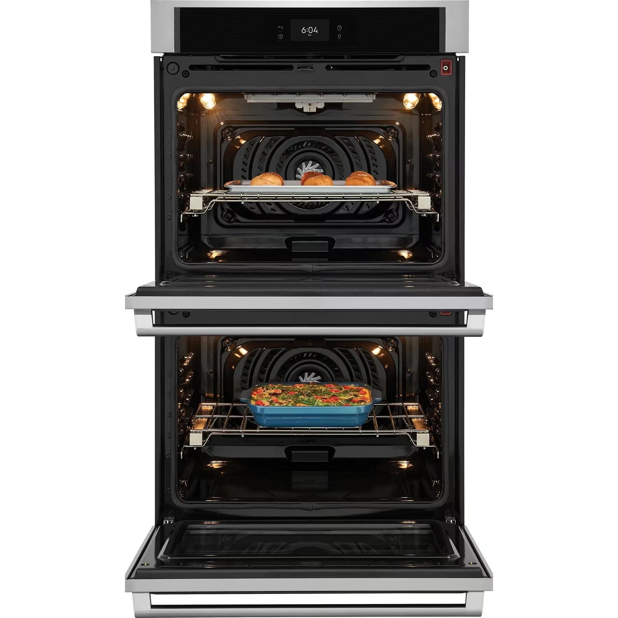 Electrolux ECWD3012AS 30-inch stainless steel electric double wall oven with digital controls and air sous vide feature.