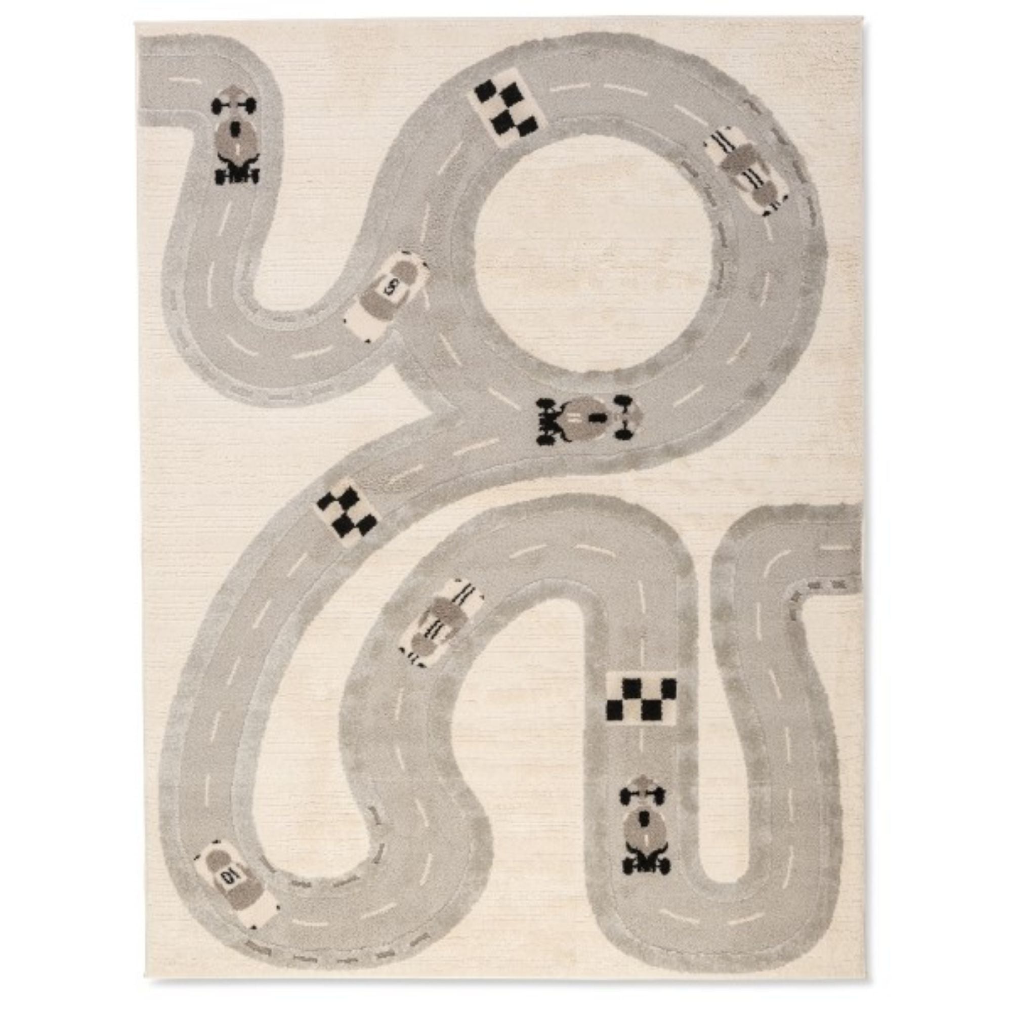 Colorful Elio Kids soft indoor area rug with a racing track design by Viana Inc, perfect for playrooms and kids' spaces.
