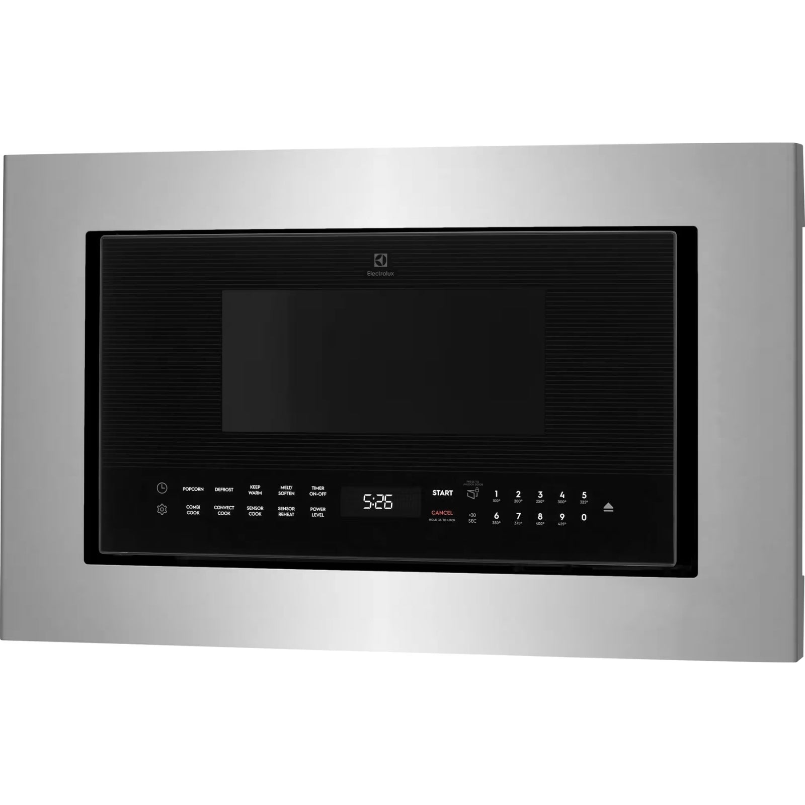 Electrolux EMBS2411BB 30-inch built-in black convection microwave oven showing control panel and interior cooking cavity.