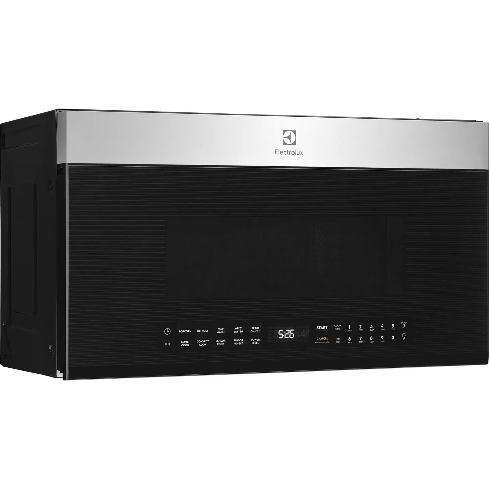 Electrolux EMOW1911AS stainless steel over-the-range convection microwave with digital control display and turntable.