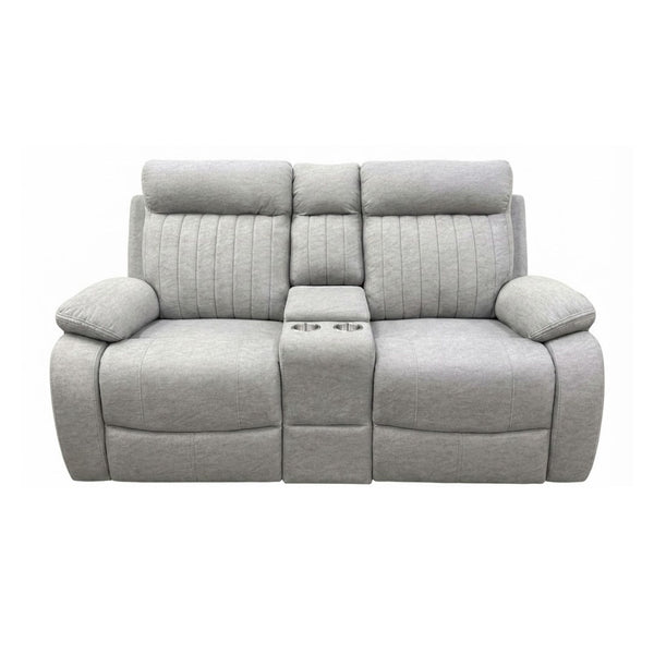Brassex Eiyse recliner loveseat in stone fabric with plush cushions and reclining features, perfect for modern living rooms.