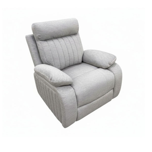 Brassex Elyse glider recliner chair in stone fabric, showcasing comfortable cushioning and a modern recliner design.