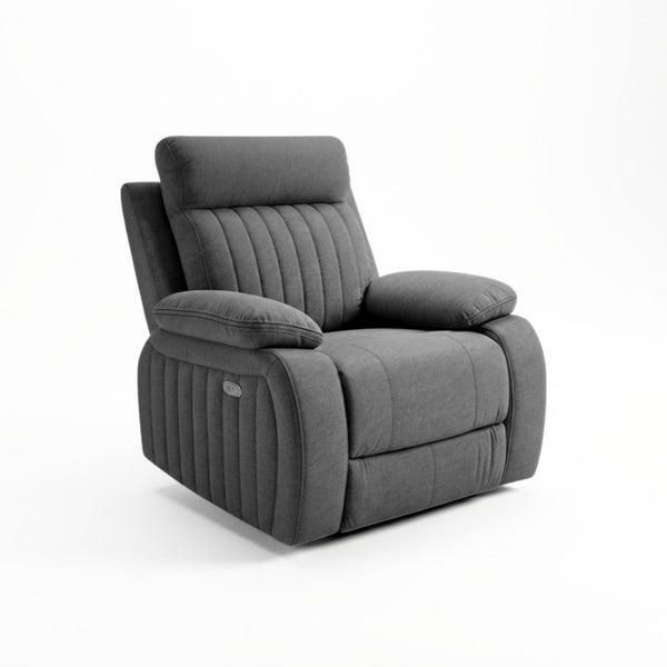 Grey Brassex Elyse glider recliner chair showing plush cushioned seat and backrest for comfortable lounging.