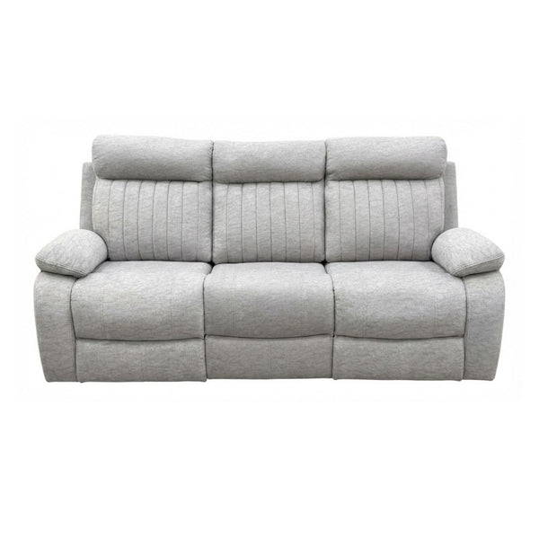 Brassex Elyse recliner sofa in stone fabric with plush cushions and reclining features, shown in a modern living room setting.