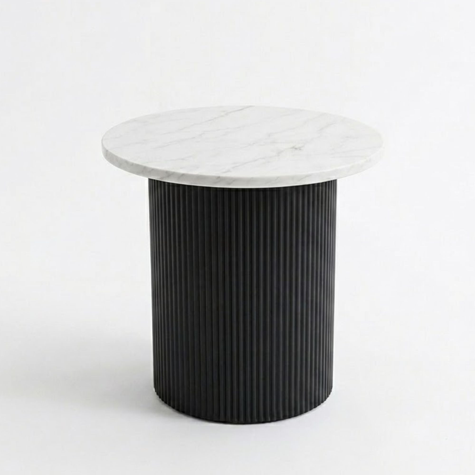 Elegant Roman white marble end table with black base by Elite Living, showcasing a sleek, modern design perfect for living spaces.