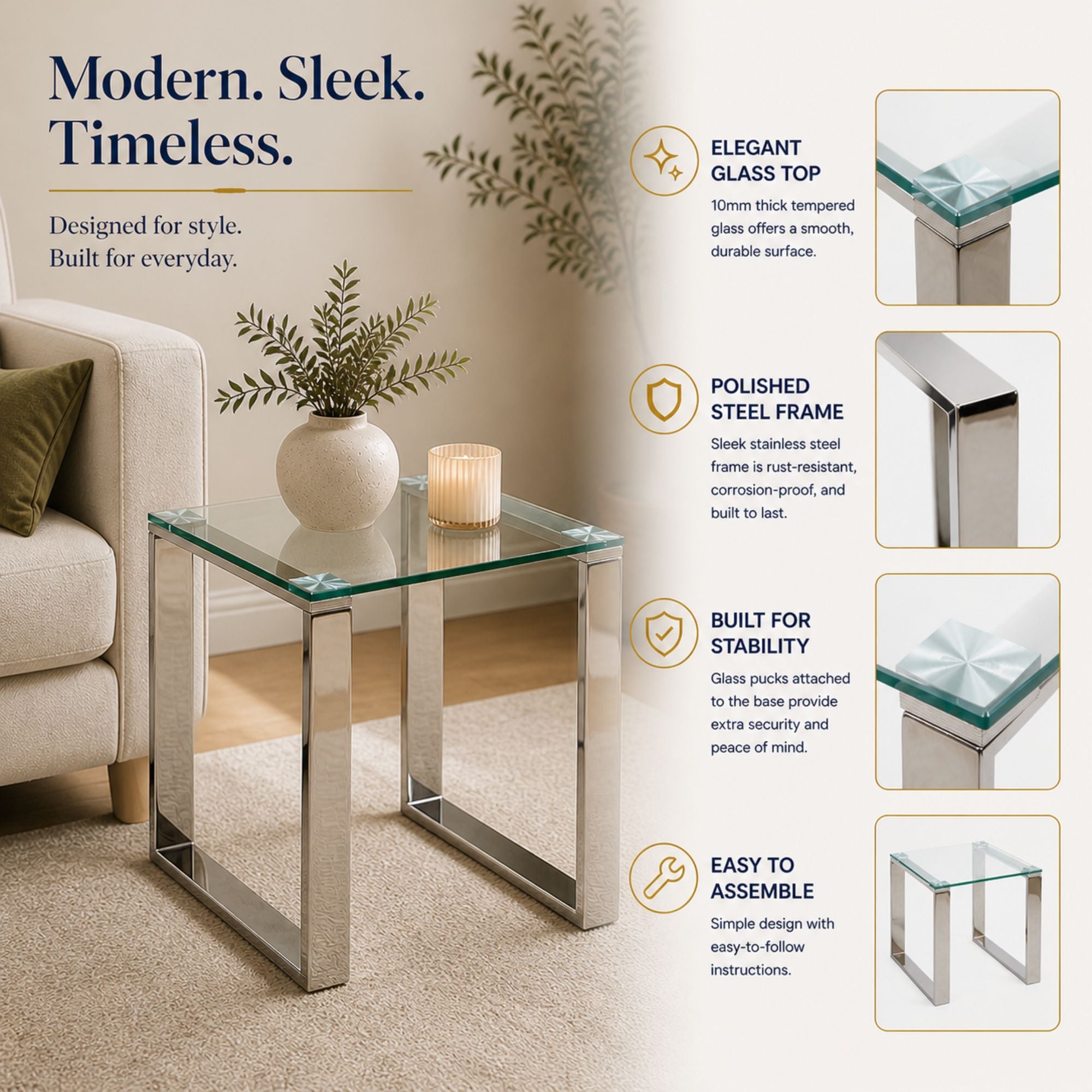 Elite Living GEM Glass 2-piece coffee and end table set with clear glass surfaces and sleek metal frames.