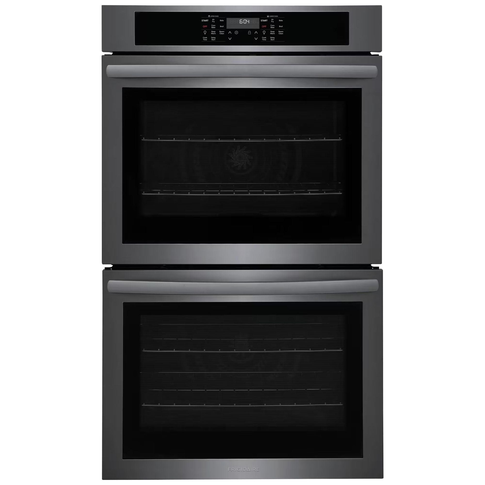 Frigidaire 30-inch double wall oven with air fry in black stainless steel, showing the sleek oven doors and control panel.