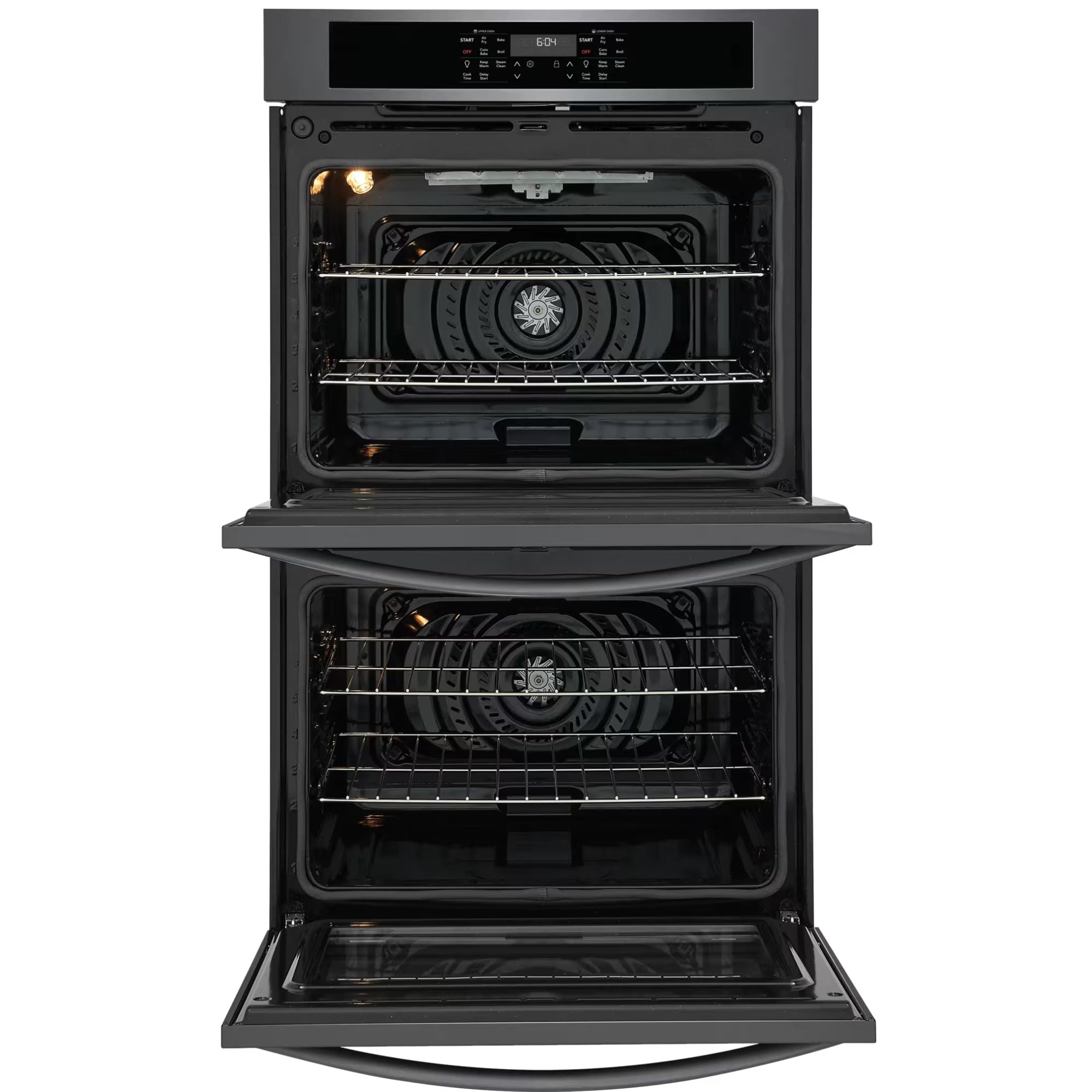 Frigidaire FCWD3030AD 30-inch black stainless steel double wall oven with air fry feature, showcasing control panel and oven doors.