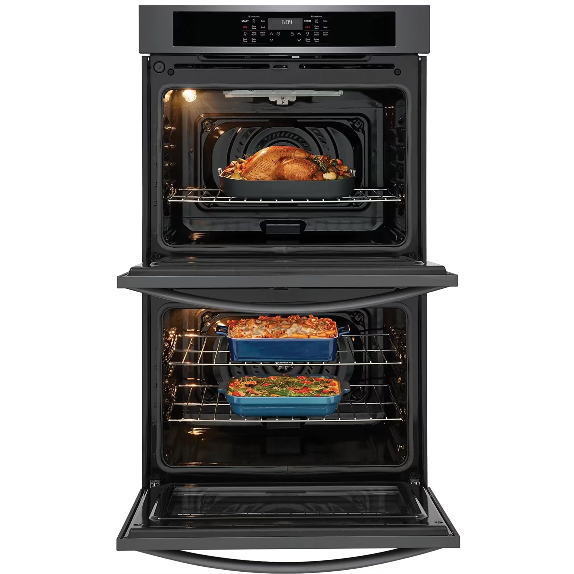 Frigidaire 30-inch black stainless steel double wall oven with air fry function, showcasing the sleek kitchen appliance design.