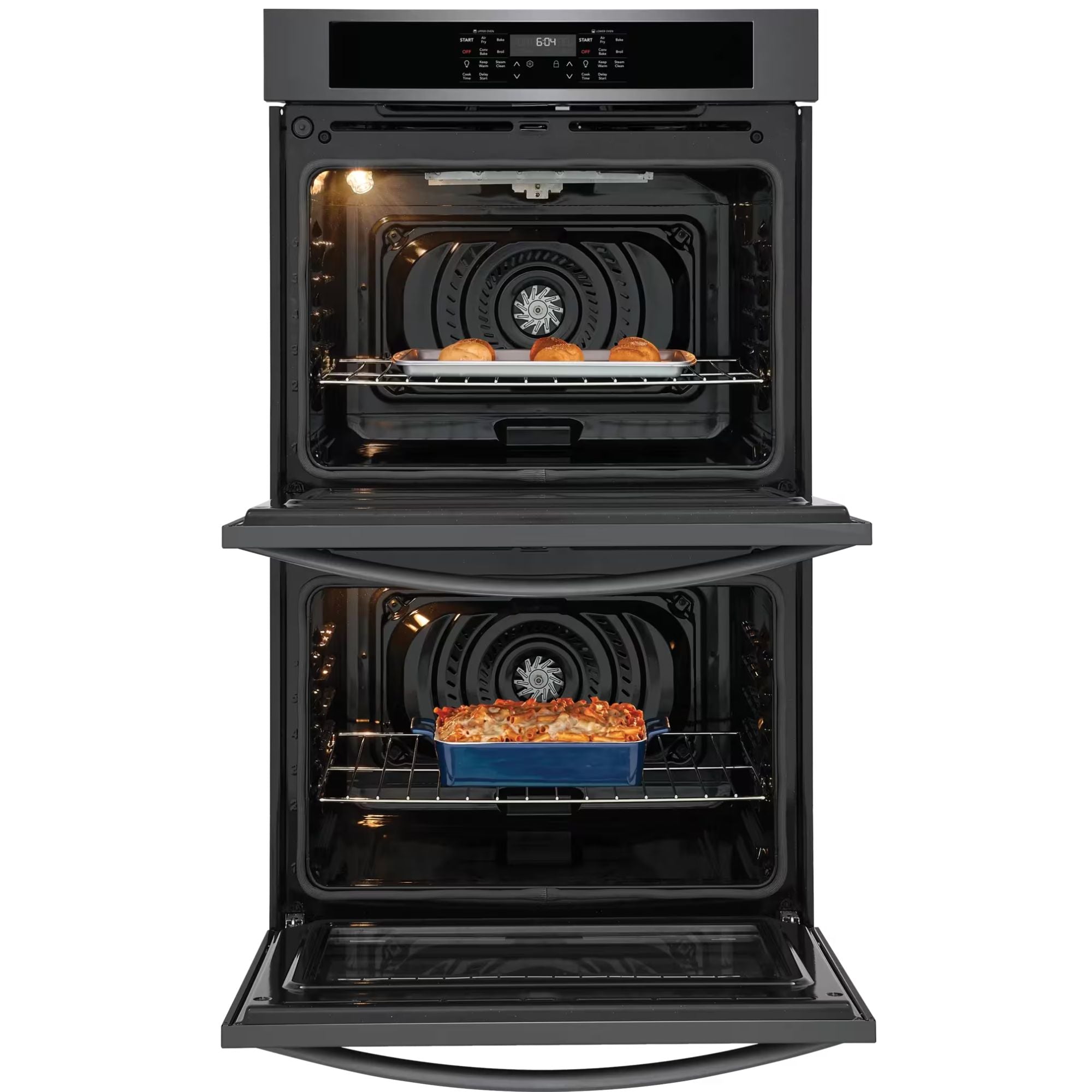 Frigidaire 30-inch double wall oven with air fry in black stainless steel, showing control panel and oven doors.