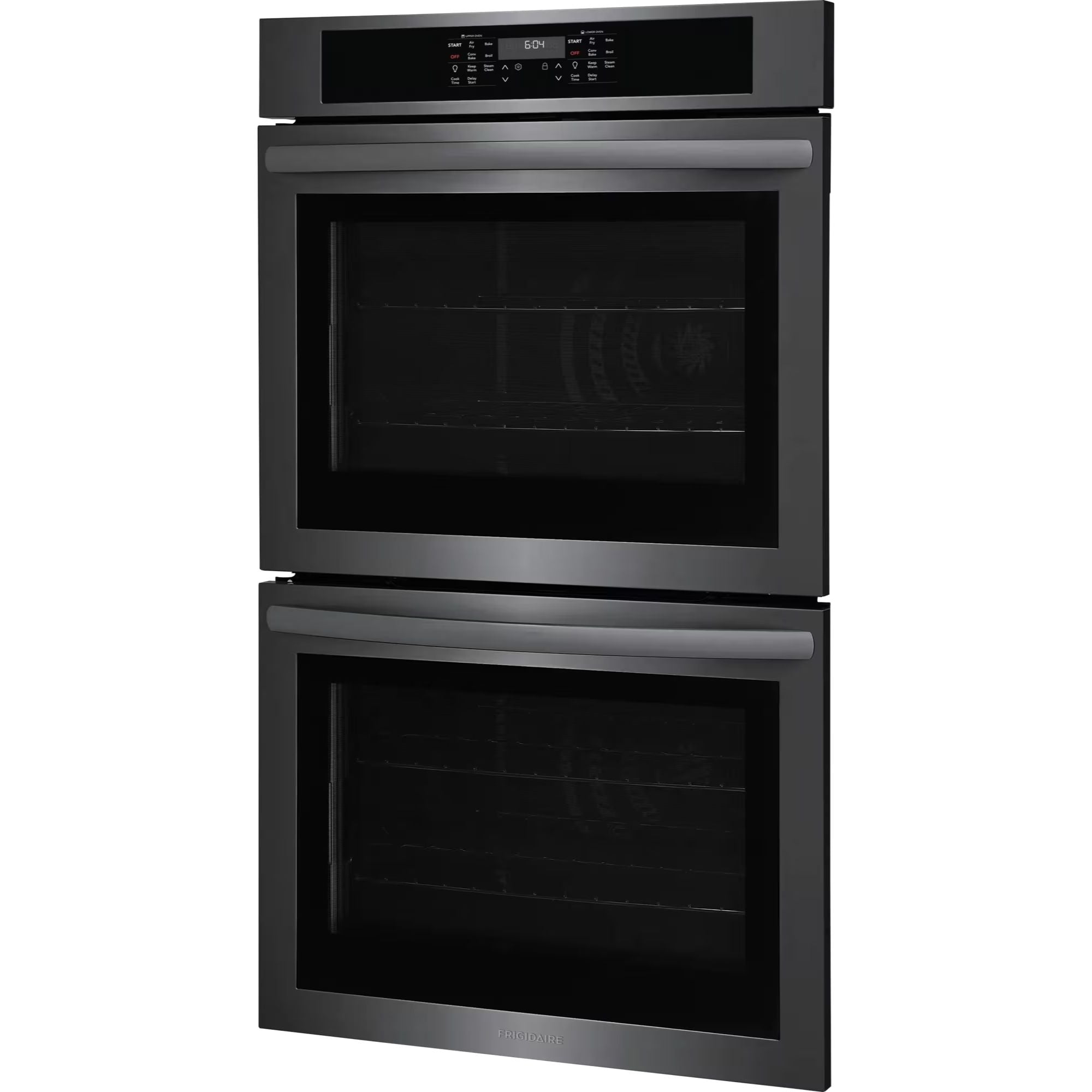 Frigidaire FCWD3030AD 30-inch double wall oven with air fry in black stainless steel, showcasing the sleek modern design and control panel.