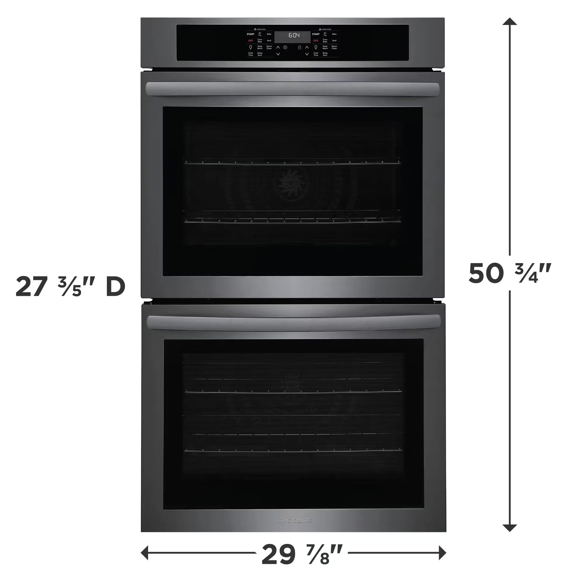 Frigidaire 30-inch black stainless steel double wall oven with air fry function, modern kitchen appliance.