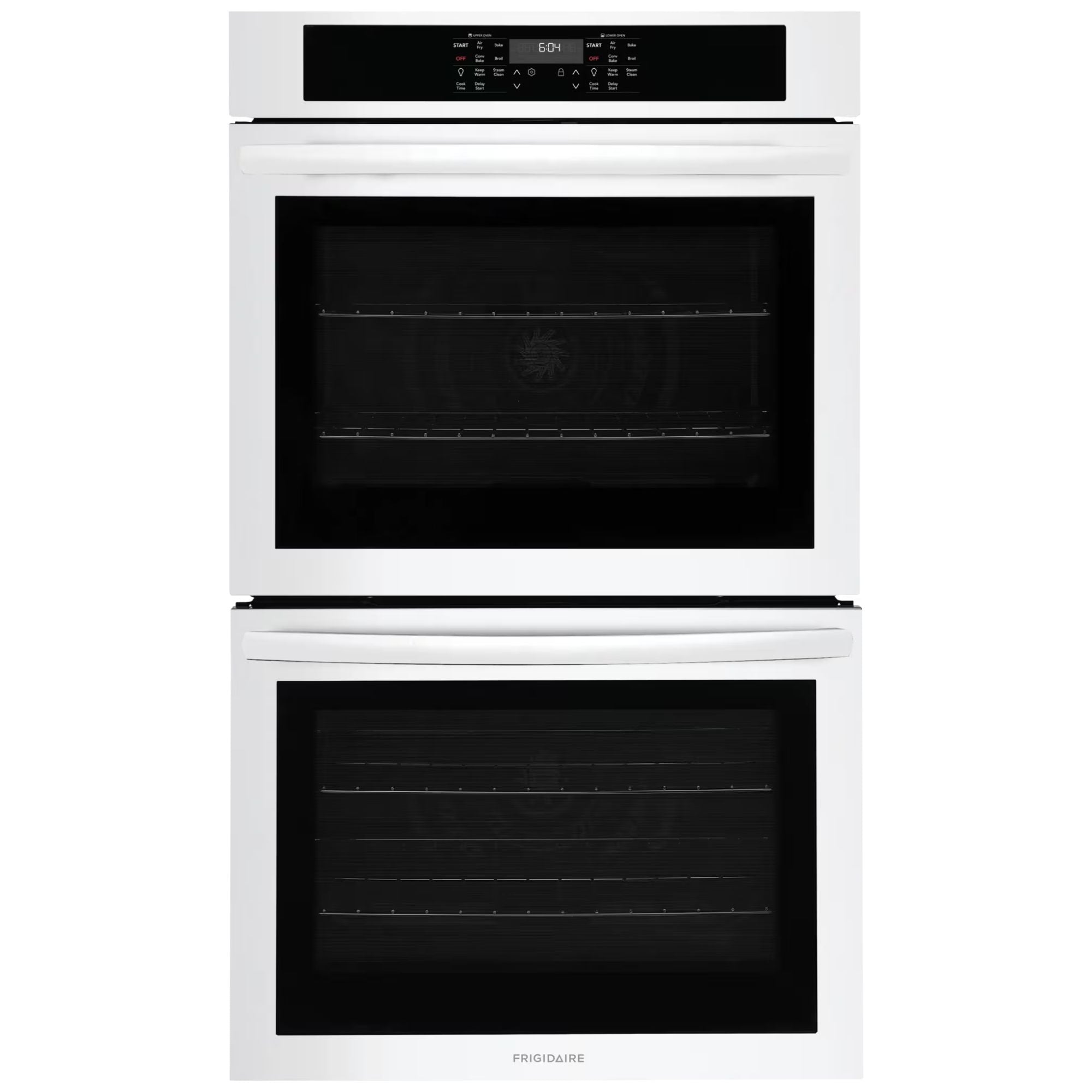 Frigidaire 30-inch white double wall oven with air fry function, featuring digital controls and spacious interior.