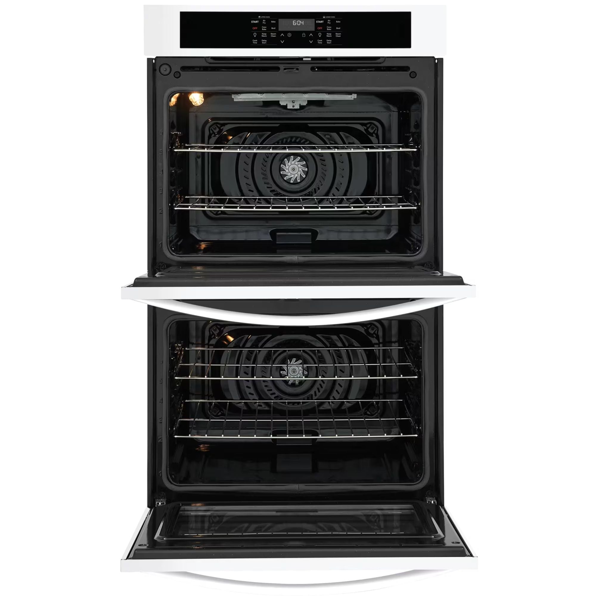 Frigidaire 30-inch double wall oven with air fry feature in white, showing the sleek front control panel and oven doors.