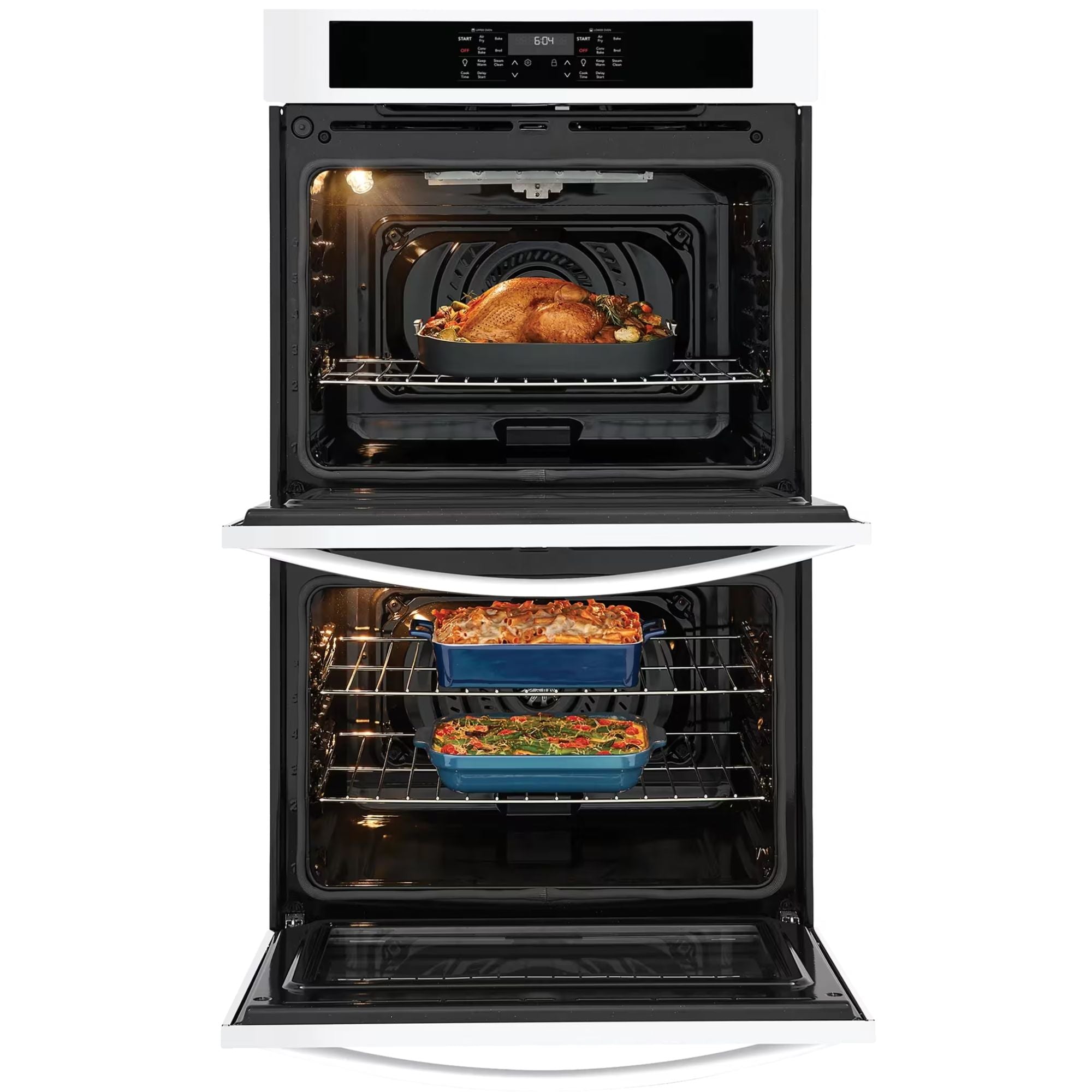 Frigidaire FCWD3030AW 30-inch double wall oven with air fry in white, showcasing the sleek oven interior and control panel.