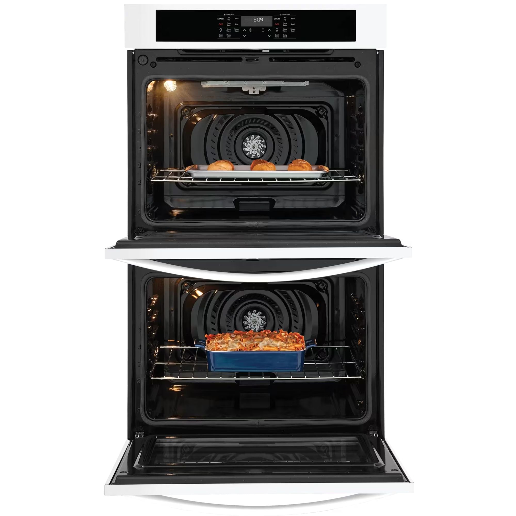 Frigidaire 30-inch double wall oven with air fry in white, featuring digital controls and spacious interior for baking and roasting.