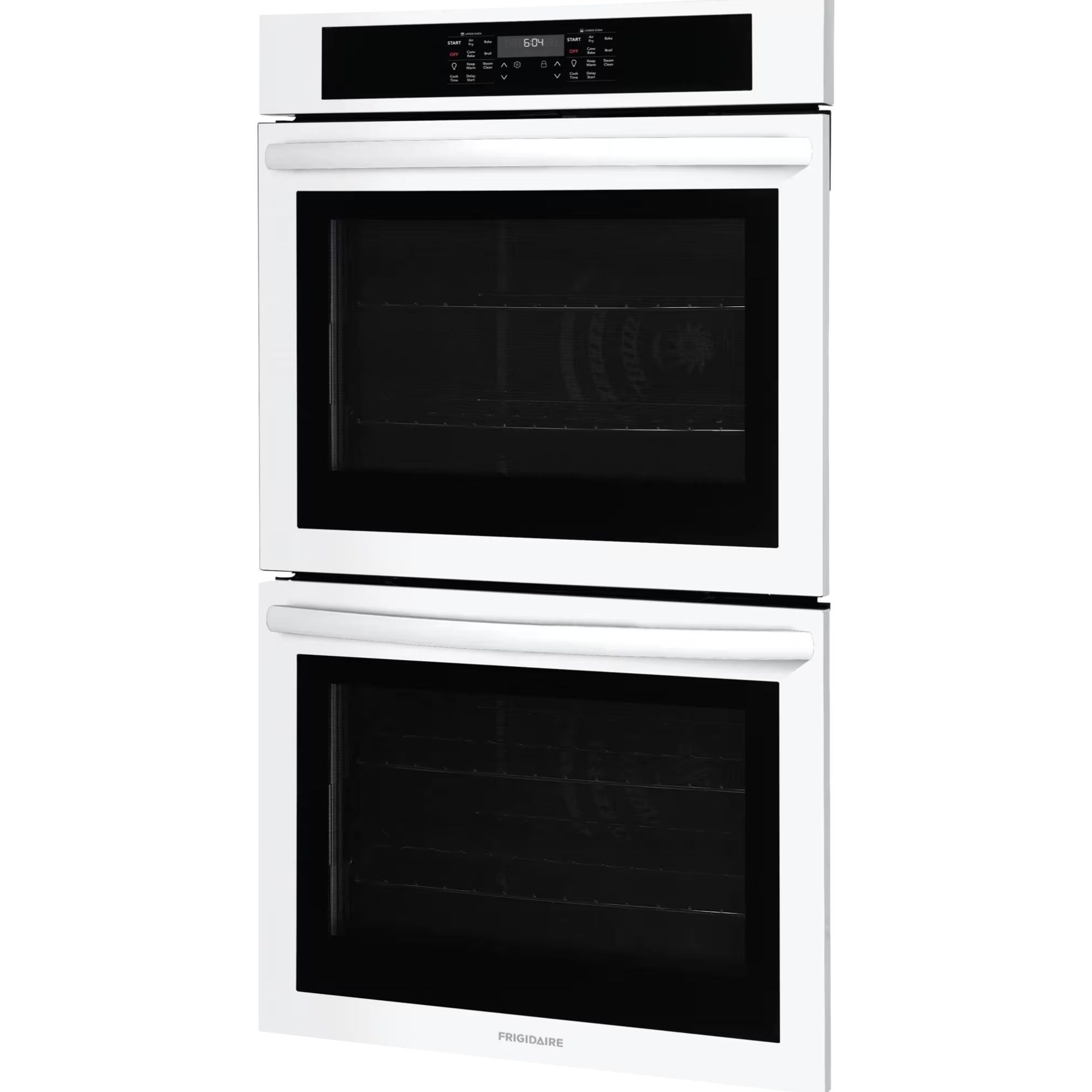 Frigidaire FCWD3030AW 30-inch white double wall oven with air fry feature, shown with digital control panel and sleek design.