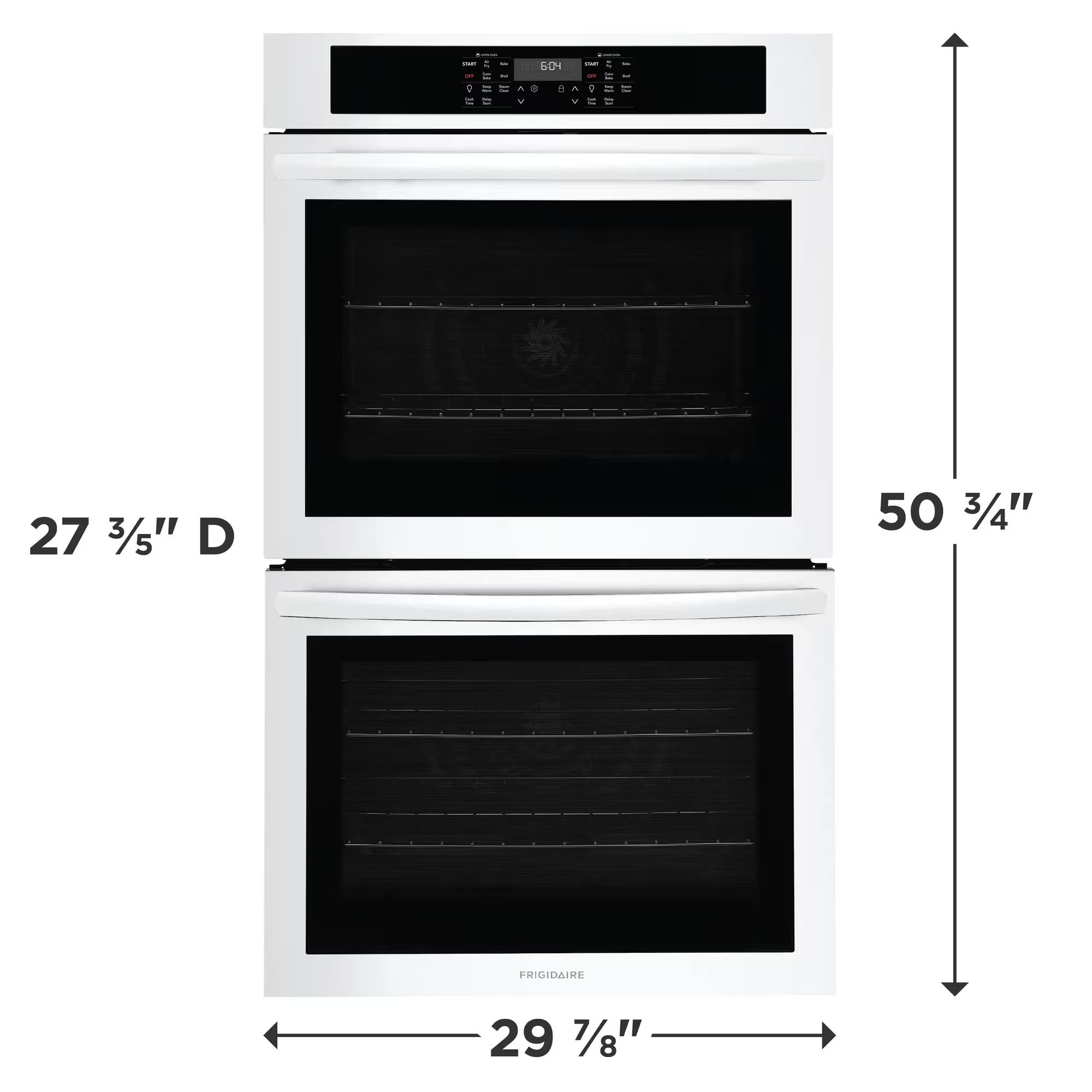 Frigidaire 30-inch double wall oven with air fry function in white, featuring digital controls and a sleek modern design.